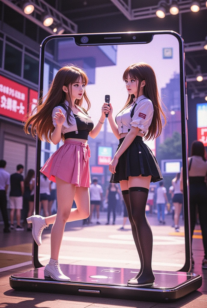 Two beautiful young and sweet princesses of cyberpunk students, 19 years old, women, hot, sexy goddesses, with long flowing black hair, hyper realistic, masterpieces, front, school uniforms, short skirts (highlight on the thighs), short sleeve shirts low-cut, wearing rings and bracelets with jewels, smiling posing together (side by side) taking a selfie ((panoramic angle camera from the top 360º)) on a street in cyberpunk Japan.