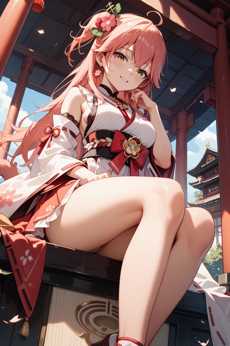 Smug, sitting, ((fox ears)), shrine, shrine maiden, miko, sitting, torii, long hair, ((masterpiece)), 4k, absurdres, best quality, (1girl), looking at viewer, good anatomy, (detailed: 1.3), ((looking down on viewer)), ((from below)), ((menacing)), ((glowing eyes)), ((pet play)), ((holding leash))