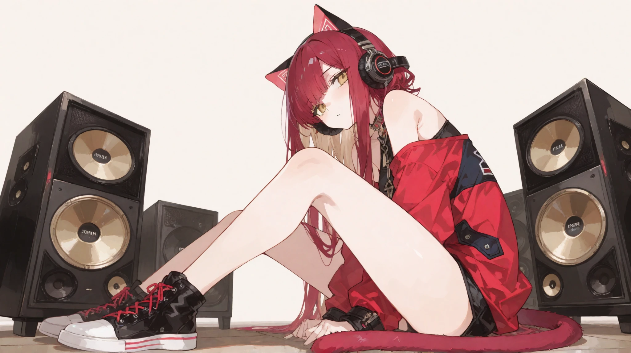 solo, ponytail, red jacket, open dress, open clothes, midriff, flowing skirt, high-end restaurant, hand on own face, wrist watch, side lighting, high contrast, hard light, dramatic lighting, sitting down, crossed legs, facing viewer, penetrating look, serious, focused, <lora:Blossom-09:1>, (blossom), (orange hair, long hair, blunt bangs, pink eyes)