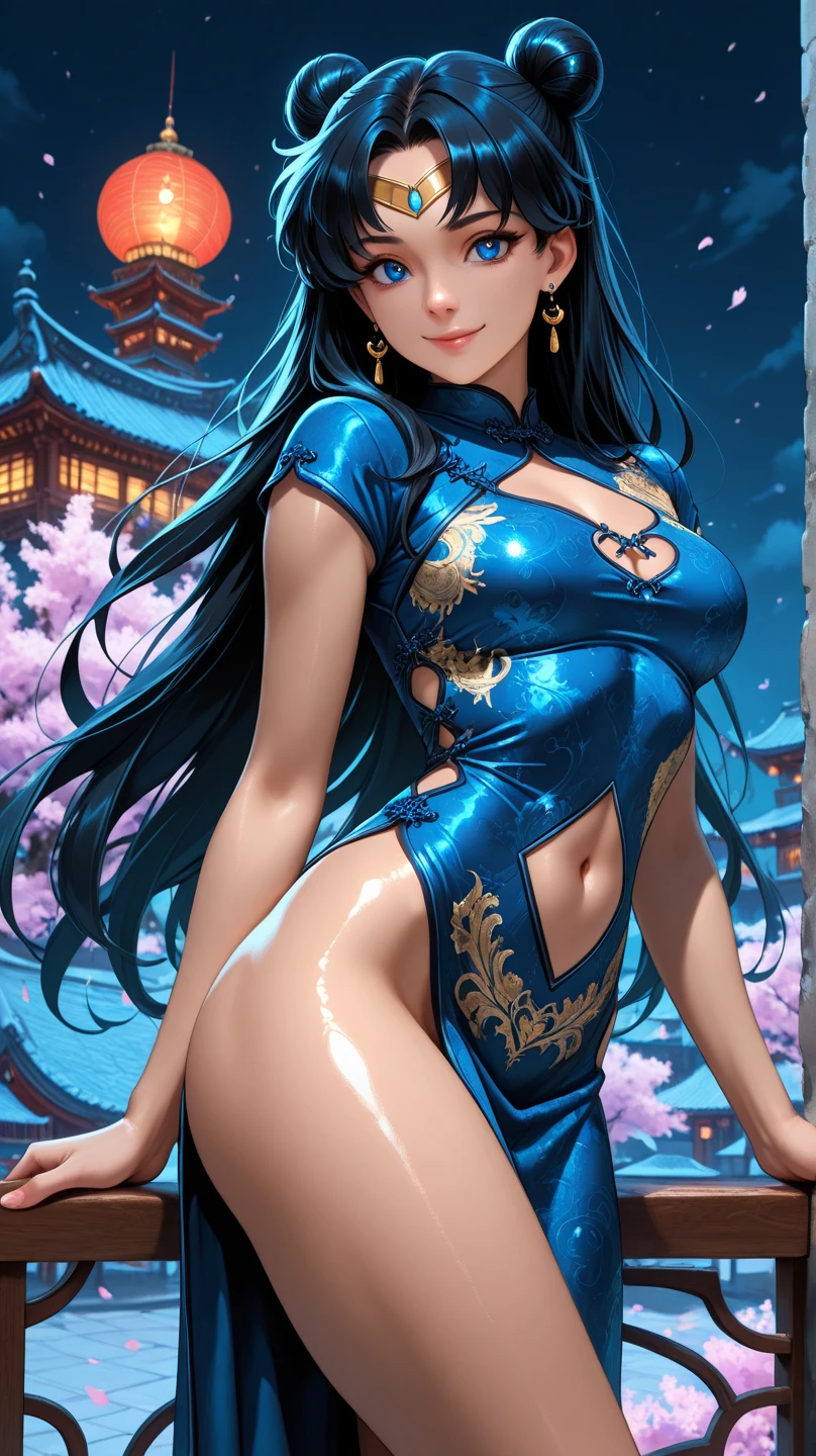 Takarata Rikka,Royal sister,8K,Dingdall effect,highly detailed,bestquality,bestmasterpiece,Maximum rendering,Ultra High Definition,Movie Lighting Effects,Exquisite facial features portrayal,Having a sense of light,Fantastic Style,close up,long range,face the audience,Swaying figure,Beautiful curves,Gentle as water,Chinese style high waist open padded cheongsam beauty,Sad face,Wearing a black cheongsam with a gold-edged dragon pattern,Open neckline with cleavage,It's like a shining pearl,Long legs,Showing thighs,Elegant yet noble,Blue eyes sparkle,Blue long straight hair,Back to the sandalwood balcony,Standing on the balcony of a tall building, looking at the bright moon
