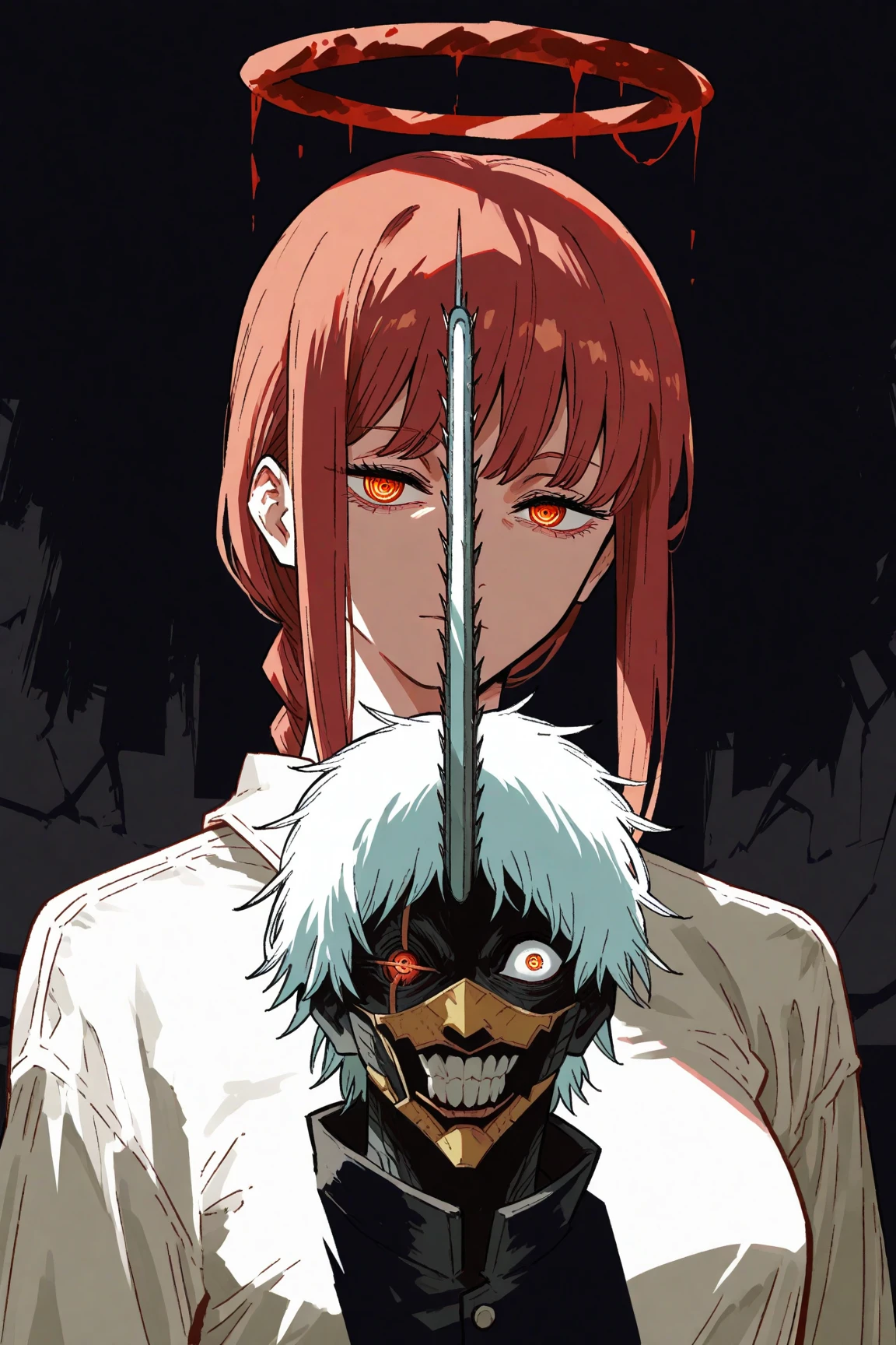 Anime Style, Split Image, Makima (Chainsaw Man) With Red Hair and Halo, Gojo Satoru with White Hair and Halo, SecARATED by a black link, intestie Eye Color, Deetild Facial Features, Minimalist Background, Contrasting Light