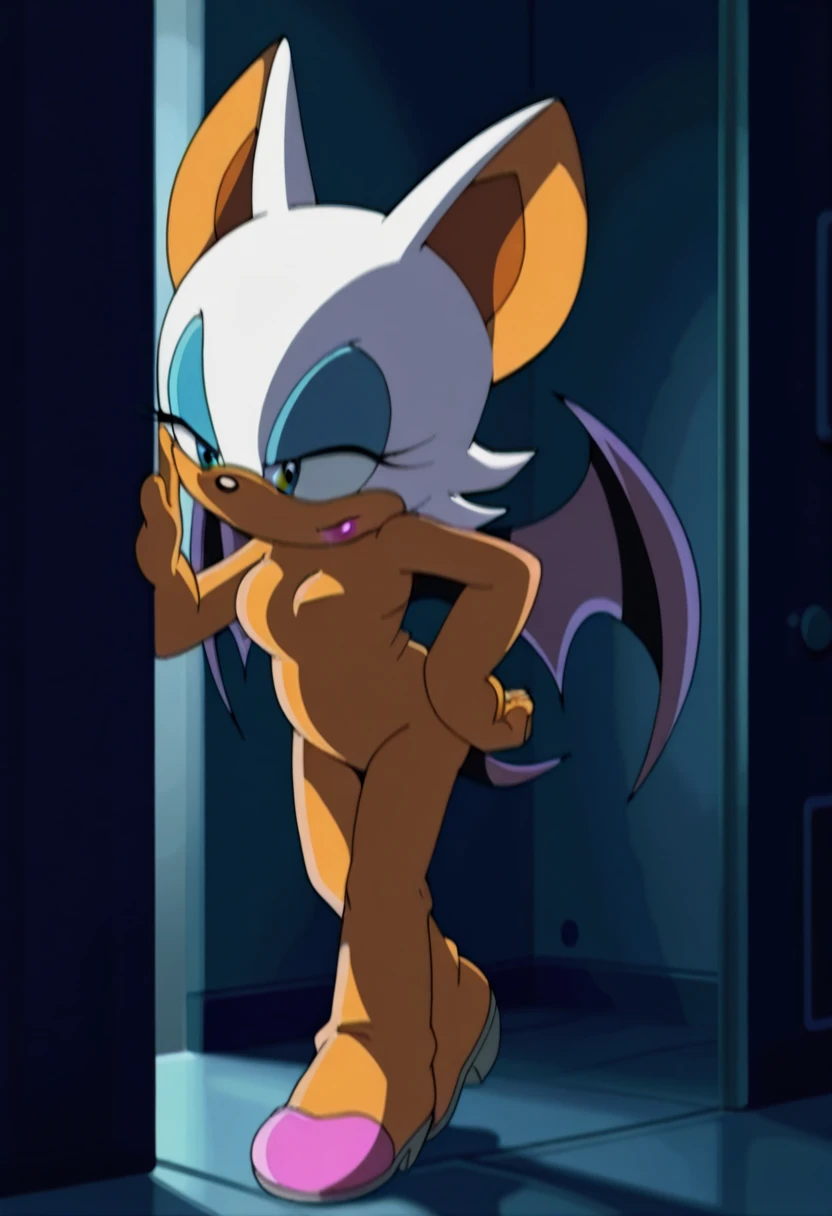 score_9, score_8_above, score_7_above, score_6_above, score_5_above, score_4_above, BREAK, 1 girl, Alone, old, looking at the viewer, SMILE, simple background, Thighs, gloves, White background, animal ears, neckline, bare shoulders, medium old, Closed mouth, standing, cola, aboveper body, heart, Boots, Alas, elbow gloves, white gloves, aquamarine eyes, eyelashes, mono, makeabove, thigh Boots, half closed eyes, happy, white shoes, bat Alas, extended arm, lipstick, furry, shadow, black Alas, furry female, black mono, body fur, animal nose, blue shadow, bat ears, rouge the bat, back view, Chibi, spread pussy, bottomless, naked