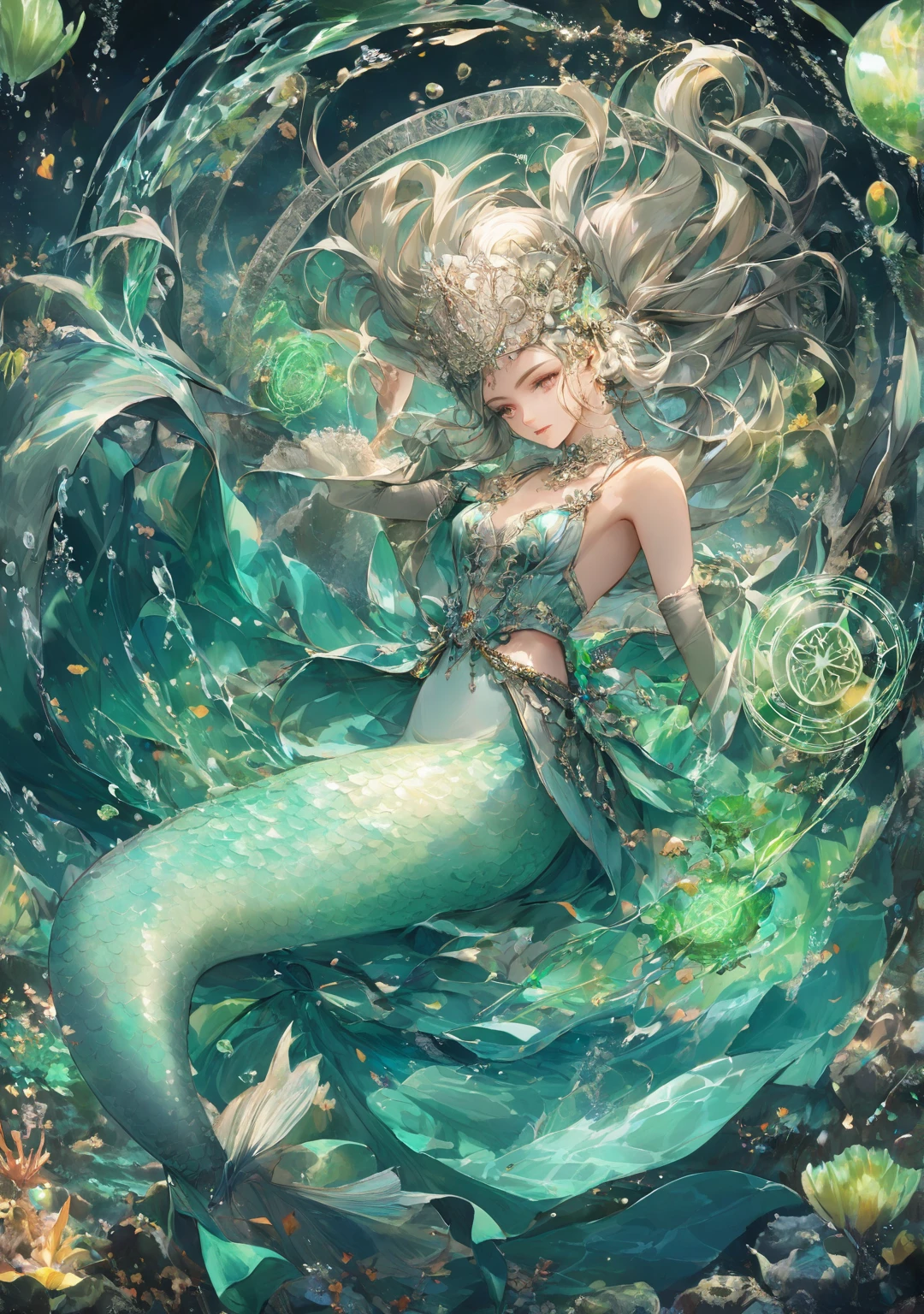 (best quality,4k,8k,highres,masterpiece:1.2, portrait), ultra-detailed, realistic, naked sexy dragon woman with green and blue glittering scales, skin is glittering green and blue scales, medium length wavy green hair with blonde highlights, very playful but mischievous smile, huge tits, gigantic breasts, naked, nude, detailed crotch, detailed vulva, sexy pose, spread legs, playful, bi-coloured eyes, heterochromia, lustful