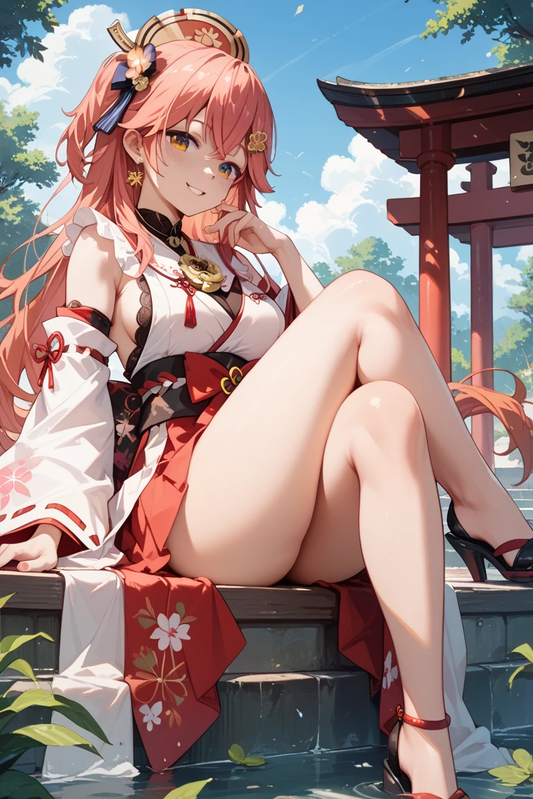 Smug, sitting, ((fox ears)), shrine, shrine maiden, miko, sitting, torii, long hair, ((masterpiece)), 4k, absurdres, best quality, (1girl), looking at viewer, good anatomy, (detailed: 1.3), ((looking down on viewer)), ((from below)), ((menacing)), ((glowing eyes)), ((pet play)), ((holding leash))