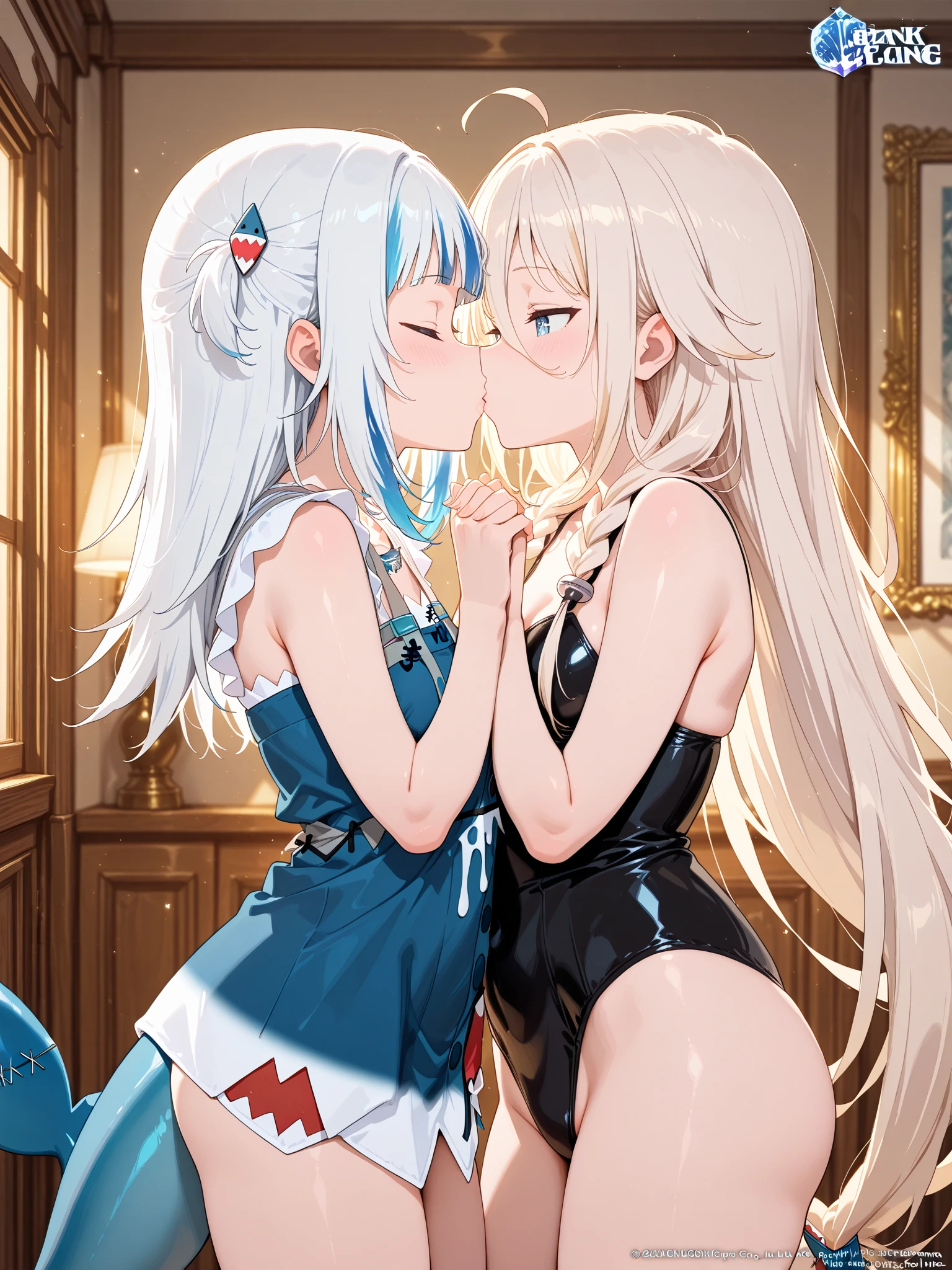 18-year-old blonde girl, Turquoise eyes, long-haired,Braid left and right, Black Underwear .Kiss someone else......With a slightly smiling face................