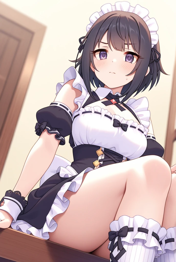RAW Photos, Highest quality, High resolution, Realistic, One girl、Young Japanese Girl, , whole bodyポートレート, Expressionless, poker face, Stone Face, model, Big Breasts,, Wavy Hair, Curly Hair, Gray Hair, Silver Hair, Light brown hair, Hollow Eyes, Hollow Eyes, ((Thin thighs)), Diagonal bangs, Cute face, Shiny skin, Beautiful body, Beautiful Skin, concentrate , Naked from below, (schoiform, Lead Bow Tie, Black apron dress, Highly detailed corset, Gothic, Frill dress, Beautiful embroidery, (Long skirt:1.2):1.4), (Skirt flip:1.5) show, underwear, se underwear, (Squat、One knee:1.5)、(Spread your legs:1.5)、((Showhite panties))、Good lifsing the breasts、Shff a white bra、Troubled face、climted、close your eyes、Open your mouth、Sword Drawchnique, Battoujutsu、whole body、((dong_yes, frilled dress))