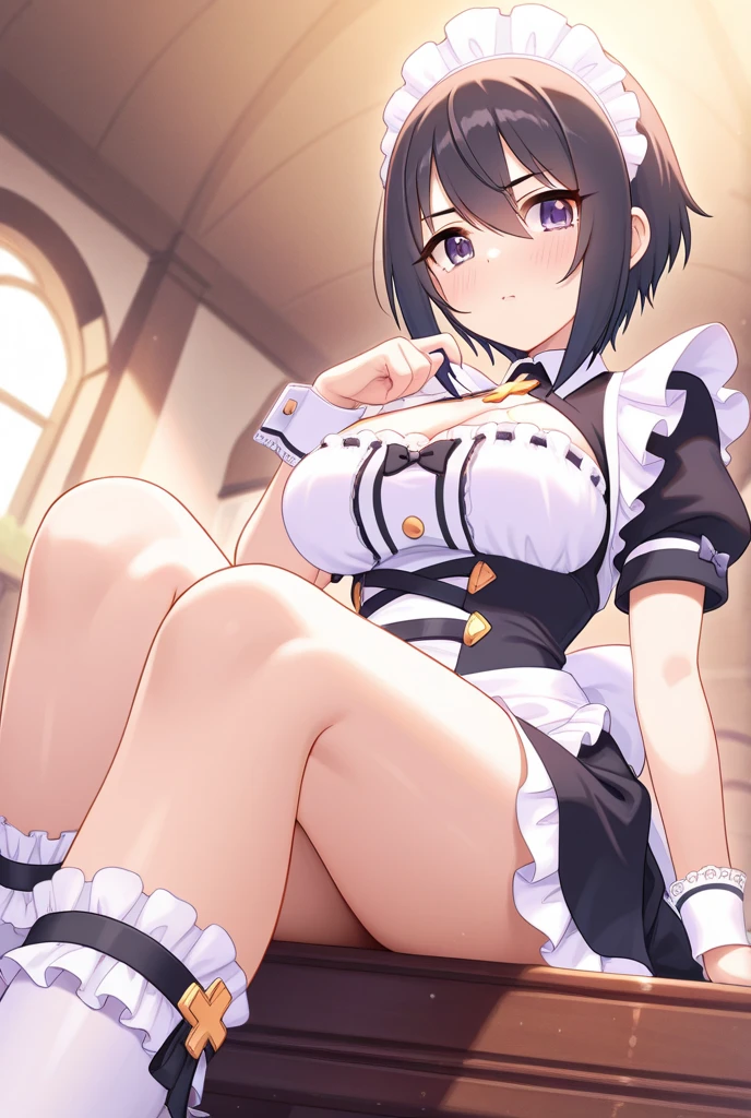 masterpiece, best quality, highres, ddsubaru, short hair, mini top hat, yellow headwear, hololive idol uniform, yellow bowtie, sleeveless shirt, sleeveless, wrist cuffs, white gloves, navel, white bow, layered skirt, white skirt, black thighhighs,huge breasts,my room,(sweating,blush,trembling:1.2),looking viewer,(nsfw),(((lift skirt,lace panties)))