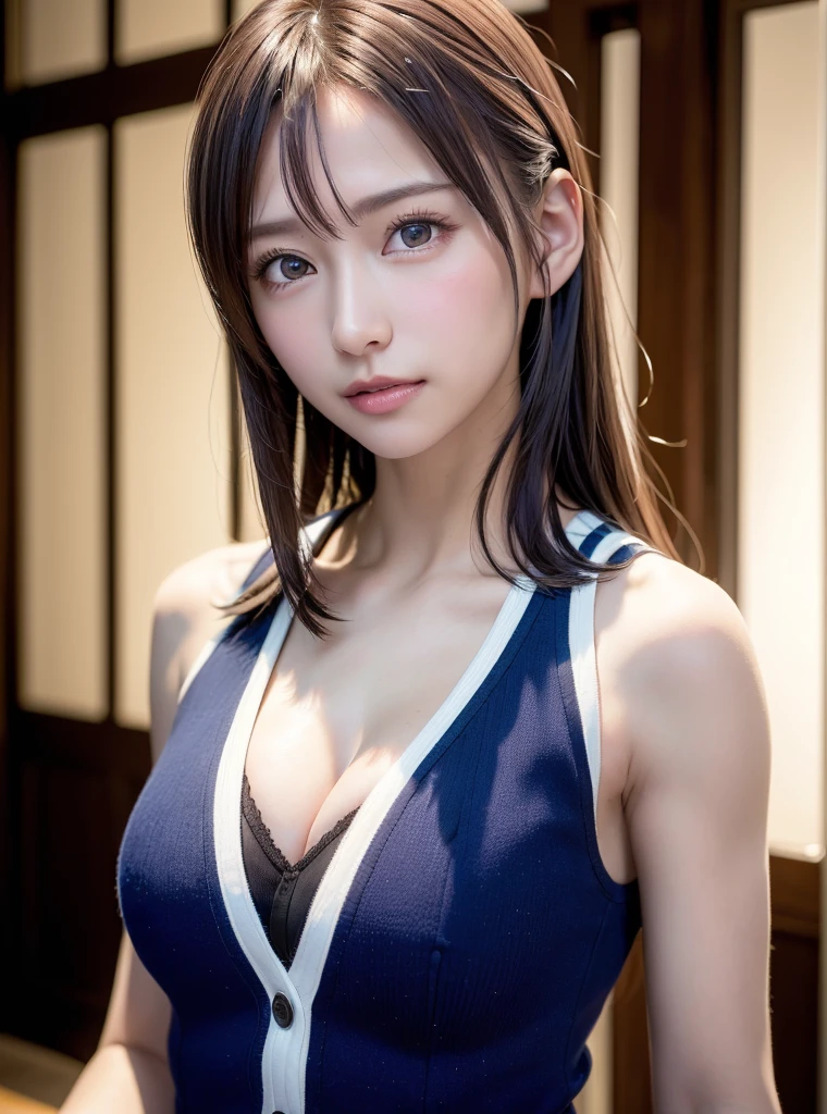 Highest quality、8K Masterpiece、Ultra-high resolution、(Realistic:1.3)、RAW Photos、1 Girl、Silvery white hair、Glowing Skin、1. Super beautiful cyberpunk soldier、((Ultra-Realistic Details))、Portraiture、Global Illumination、Shadow、Octane Rendering、8K、Ultra Sharp、Beautiful breasts、Bare skin exposed in the cleavage、Metal、Cool colors、、Very intricate detail、Realistic Light、CGSoation Trend、Beautiful Eyes、Shining Eyes、To the camera、it is(((Very small swimsuit)))