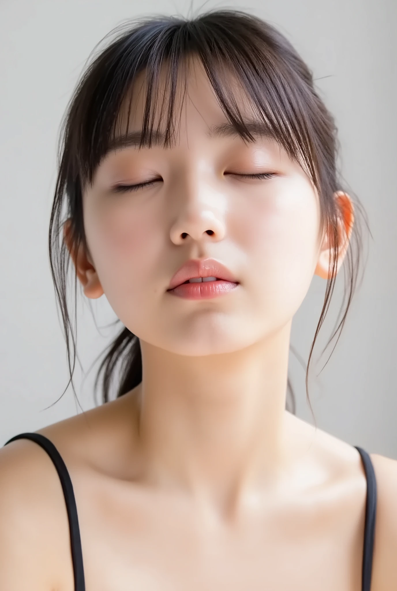 ultra-detailed close-up of a beautiful girl, collarbone-up composition, white studio background, soft natural lighting, slightly elevated camera angle (around 35 degrees), full face and head visible in frame, chin slightly raised, eyes gently closed, deeply affectionate smile, cheeks and ears flushed, dreamy, blissful, euphoric expression, mouth puckered and protruding with a rounded kiss shape, glossy moist lips with shimmering highlights, soft lips reflecting light, extreme focus on lips, inviting kiss pose, longing expression, desperate affection, dere-dere mood, hands behind her back and not visible, natural skin texture with visible peach fuzz, matte facial skin, black camisole strap visible, soft head tilt, bokeh background and soft facial contour blur to emphasize lips, overflowing with affection and dazed joy