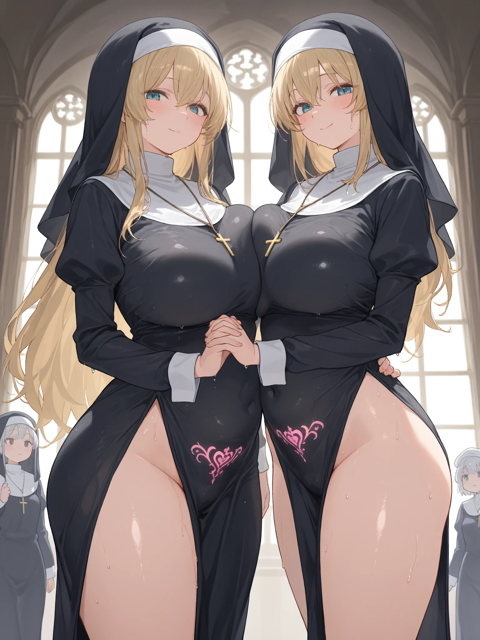 erection, Large , big testicles,  scabbard, Dark testicles, Pink , Long hair, Blonde hair, (dark skinned female), (nun), Big breasts, Big ass, Deer antlers, venusbody, church, cathedral, solo,looking back,