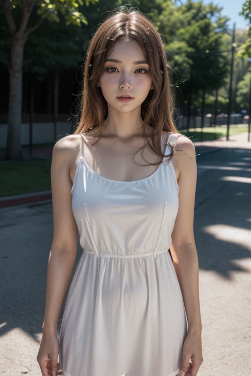 1 pretty girl,white skinned,brown hair,looking at viewer,pony tail, happy smile, stylish beautiful black summer dress