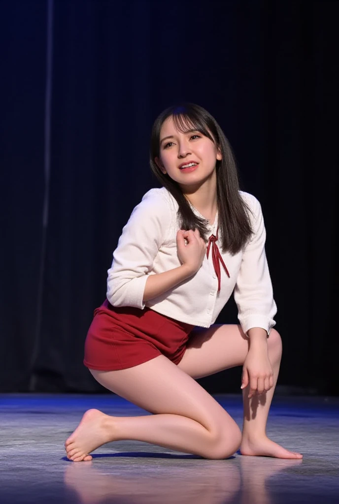 Highly detailed CG Unity 8K wallpapers、top-quality、ultra-detailliert、masterpiece、realisitic、Photorealsitic、extremely detailed cute girl、25-years old、(a secretary)、red blush、cparted lips、roundly eyes、small tits、viewer、Half body shot、(showing pantie)、Panties under pantyhose、s Office、sitting on、cross one's legs、Get naked after bathing、Pink nipples、