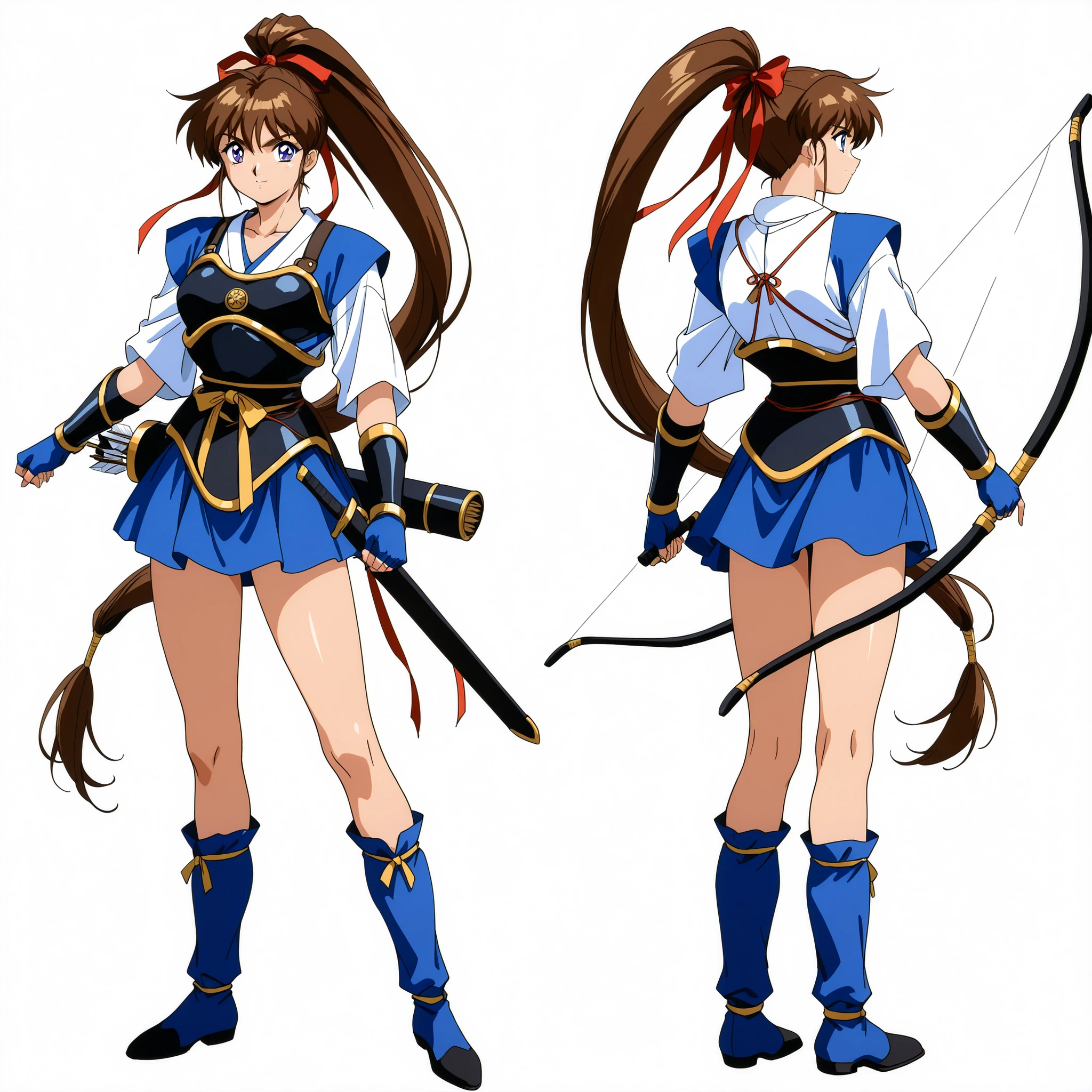 score_9, score_8_up, score_7_up,1990s \(style\),anime coloring,valkyrie,miko,BREAK,1girl, Amatsu_Ai, brown hair, ponytail, very long hair, ribbon, hair ribbon, hair bow, breasts, blue eyes, bangs, purple eyes, high ponytail, full body,BREAK, hagoromo, blue gloves, fingerless gloves,sash, skirt, japanese clothes, obi, thighs, collarbone, blue skirt,pants:1.3),((breastplate,gauntlet,boots)),bow (weapon),quiver,short sword,BREAK,standing,multiple views of the same character,model sheet,chatacter sheet,front view,back view