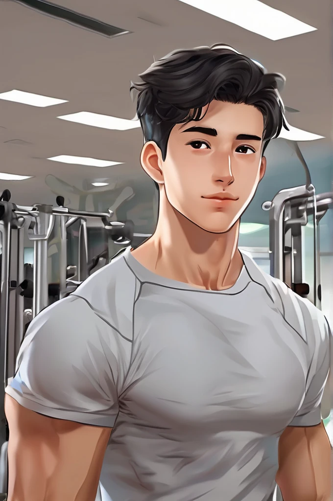 1 handsome man, Gym ,White and blue t-shirt