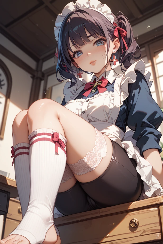 (Tabletop, Highest quality, High resolution, , Pixel perfect, 4K,), 1 Girl, single, alone, Beautiful woman、I could see the whole body、 ((Wavy mid-length hair, bangs, Black Hair)), ((Blue eyes, Beautiful eyelashes, Realistic eyes)), ((Detailed face, blush:1.2)), ((Smooth texture:0.75, Realistic texture:0.65, Realistic:1.1, Anime CG Style)), Soft Breasts, Dynamic Angle, Perfect body, ((, female teacher, , Earrings、necklace、Off-the-shoulder sweater、Dark blue flared skirt、Black knee-high stockings、Spread your legs wide、、A shy smile、Big Breasts)), Superior、、、evening、Sit at a desk、Massage your breasts with both hands、close your chest with both hands、I can see her light blue lace panties)、Angle from below)、