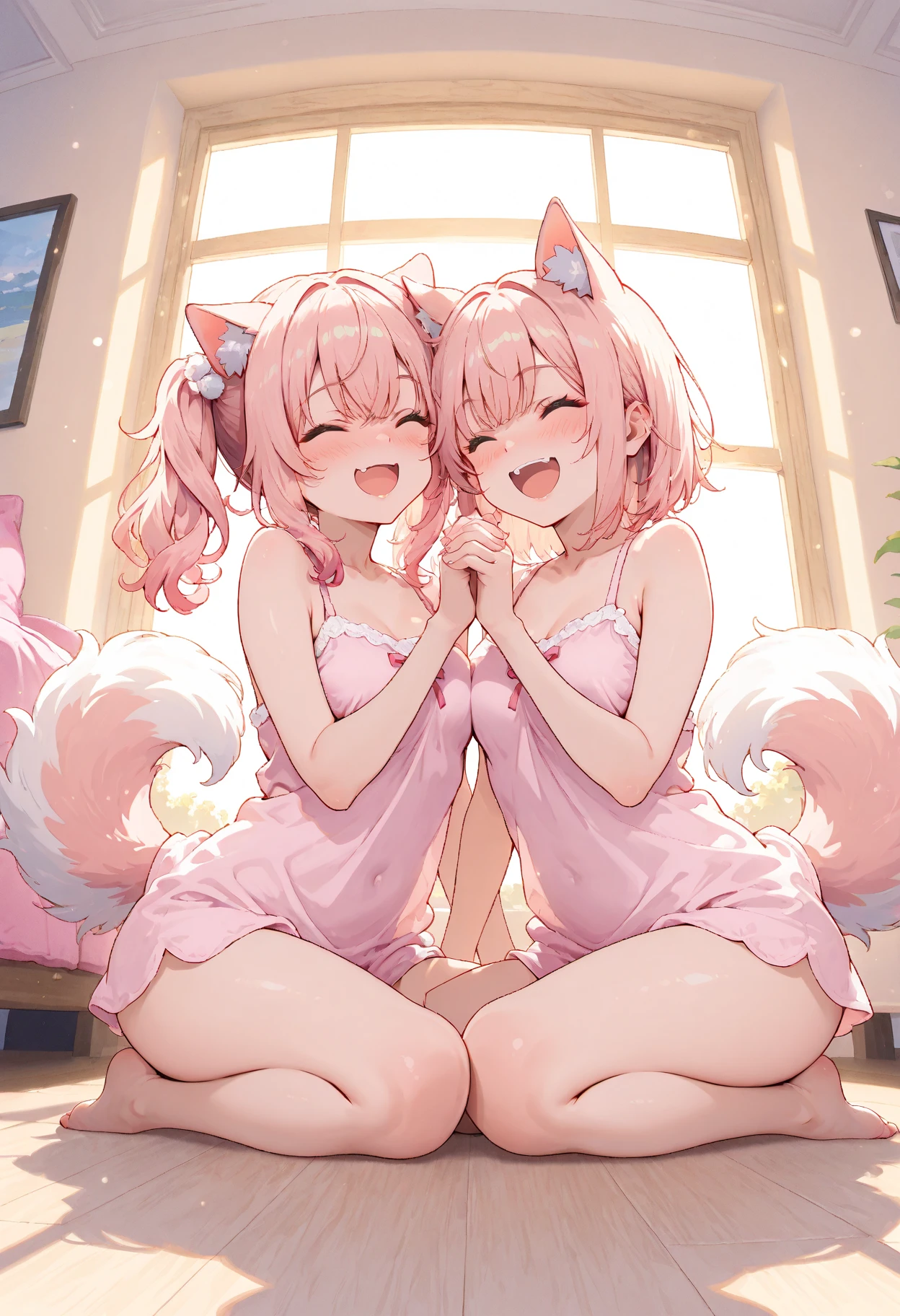 Highest quality, masterpiece, detailed, One person,Single, small,cute,blush,smile,(Sundress),Long Hair,Cat ear,(Fox tail),(White futon), sitting on a futon, Spread your legs, (From below), Japanese-style room, night, darkness, Perfect Legs,barefoot, nsfw, White panties with a pink ribbon,Hands behind back