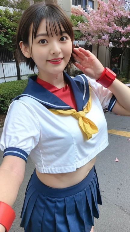  One Girl:1.5,Fair skin,Shyness,high school student、Sexy pose、Highest quality, shape, Very detailed, finely, High resolution, 8k wallpaper, Beautiful and exquisite,  Natural Lip, whole body,bangs、University garden、(High School Uniform),Brown Hair、(Thighs)、The correct five fingers、Looking into the camera, (ample bosom), (RAW Photos:1.2), (Realistic:1.4),(masterpiece:1.3),(Highest quality:1.4),超High resolution,(Fine grain),(Detailed facial features),(Detailed clothing features),High resolution,8K resolution, Focus Only, View your viewers, (bangs:1.1), dream-like, (Very detailedなイラスト), One girl,cute, Innocent, (smile), (whole body) , Haruhi_srf, White long sleeve shirt with blue collar, Blue Skirt, Yellow ribbon,  Are standing,Yellow headband、(I can see the breasts),(Nipples are visible),(Bobcut)