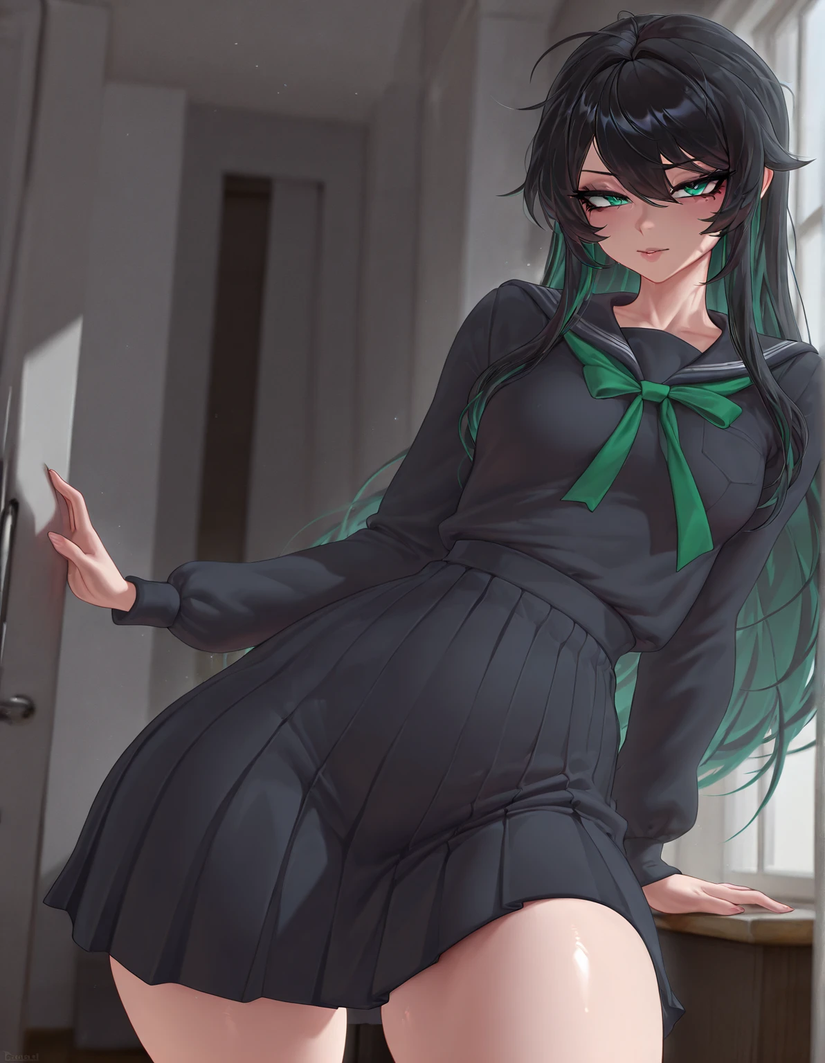 straight black hair, intense green eyes, medium height, black crop with lace details, short leather skirt, fishnet tights, highheeled boots adorn with silver bracelets and col