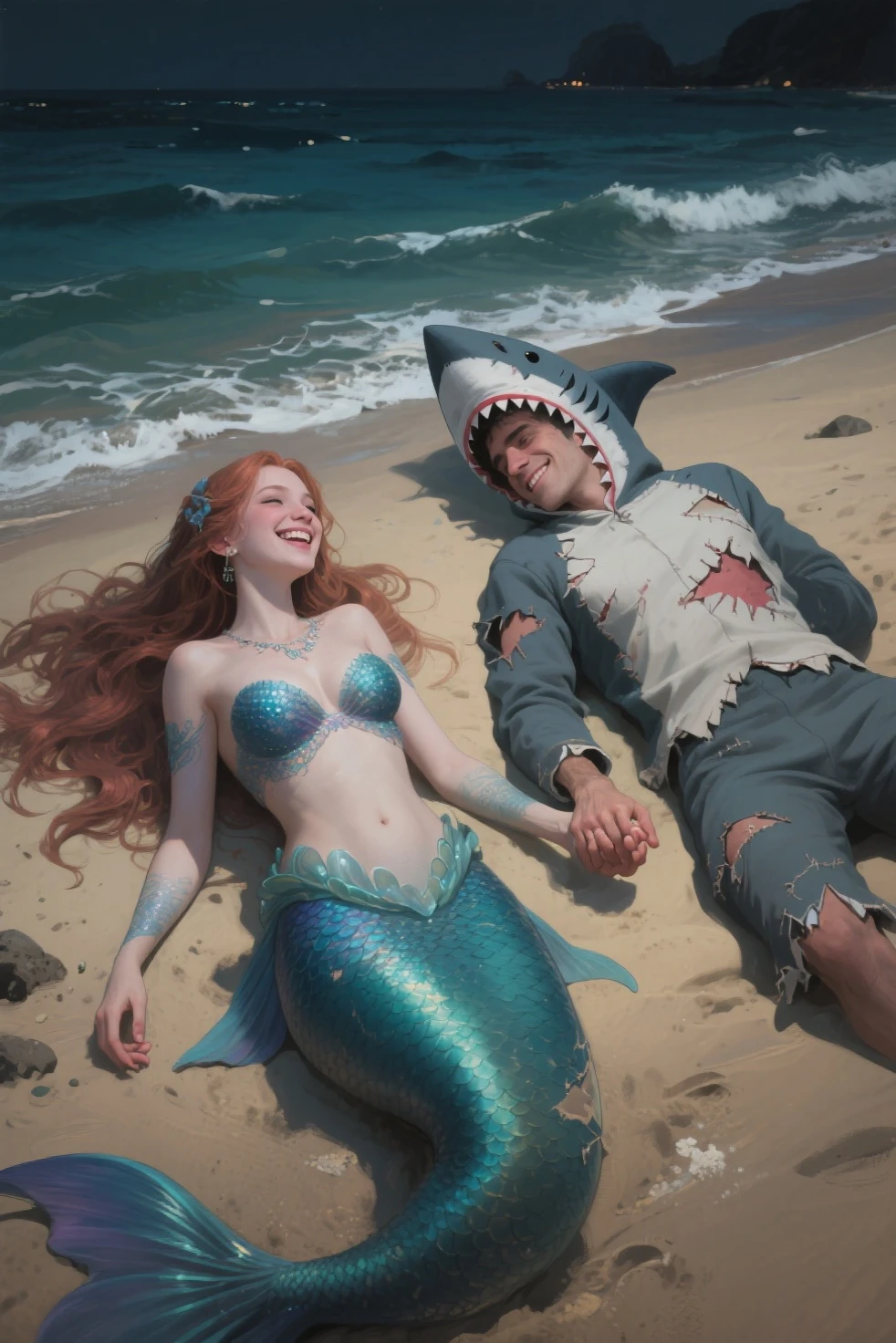 a mermaid girl with a guy, he's human. They kissing on the lips on the boat, The mermaid girl's fin tail is bright blue, and her hair is blonde. While the human guy's have is brown hair, and bearded a little bit. They're on the boat. Human man is not a mermaid, but he is a human with two legs ((Best quality))