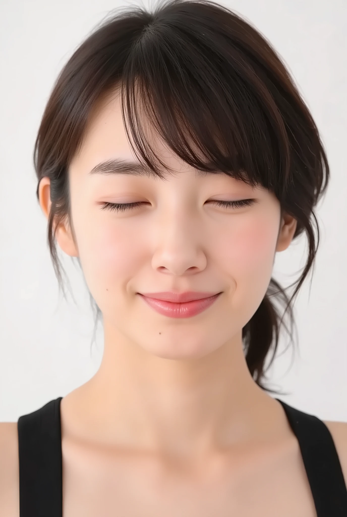 ultra-detailed close-up of a beautiful girl, collarbone-up composition, white studio background, soft natural lighting, slightly elevated camera angle (around 35 degrees), full face and head visible in frame, chin slightly raised, eyes gently closed, deeply affectionate smile, cheeks and ears flushed, dreamy, blissful, euphoric expression, mouth puckered and protruding with a rounded kiss shape, glossy moist lips with shimmering highlights, soft lips reflecting light, extreme focus on lips, inviting kiss pose, longing expression, desperate affection, dere-dere mood, hands behind her back and not visible, natural skin texture with visible peach fuzz, matte facial skin, black camisole strap visible, soft head tilt, bokeh background and soft facial contour blur to emphasize lips, overflowing with affection and dazed joy