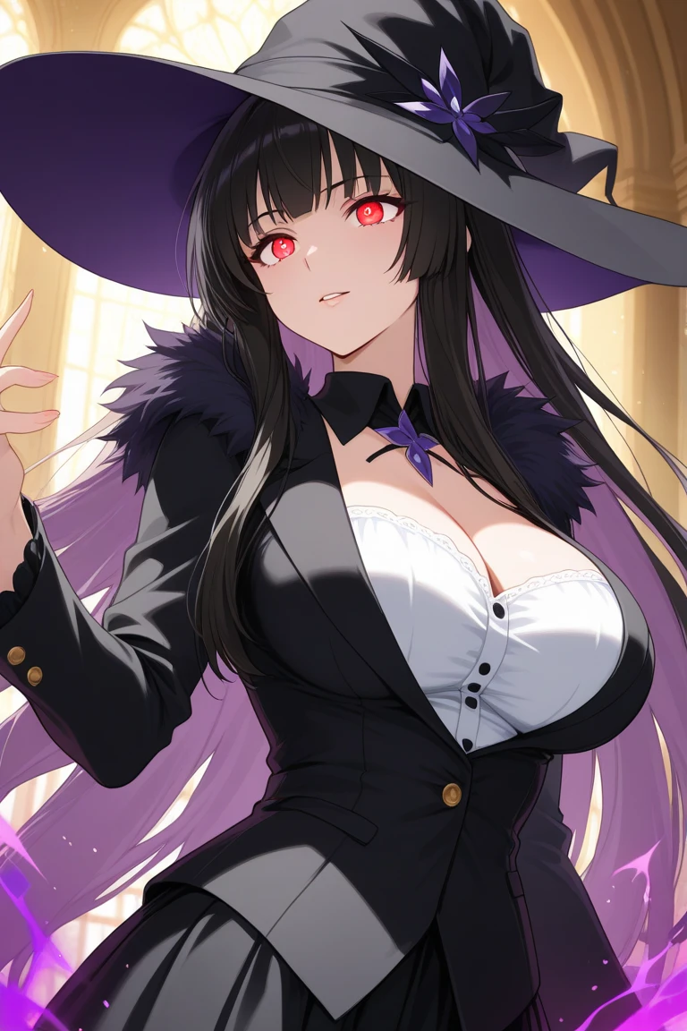 1 girl, solo, witch, mature woman, huge breasts, wide V-neck, bodytight top, milf, elegant hat, purple robe, black hand gloves, hand to mouth, purple eyes, violet hair, long hair, let down hair, necklace with purple gemstone, checked frilled black stockings, sadistic aura, smirk, black feather hair accessory
