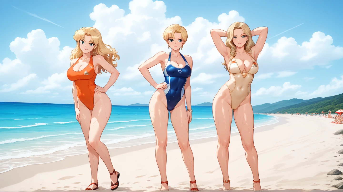 (highest quality,4K,8k,High resolution,masterpiece:1.2),Very detailed, Realistic, photo-Realistic,woman with good looks,Asian Woman,three woman:2.0,stand in a line,cute,cute eyes, stylish female body,baby face, break, bra, break, light green colord small panties:1.5, lace, break, long hair, blonde hair,various colored hair, back view, Focus on the buttocks, sandy beach , smile, ((sweaty skin))