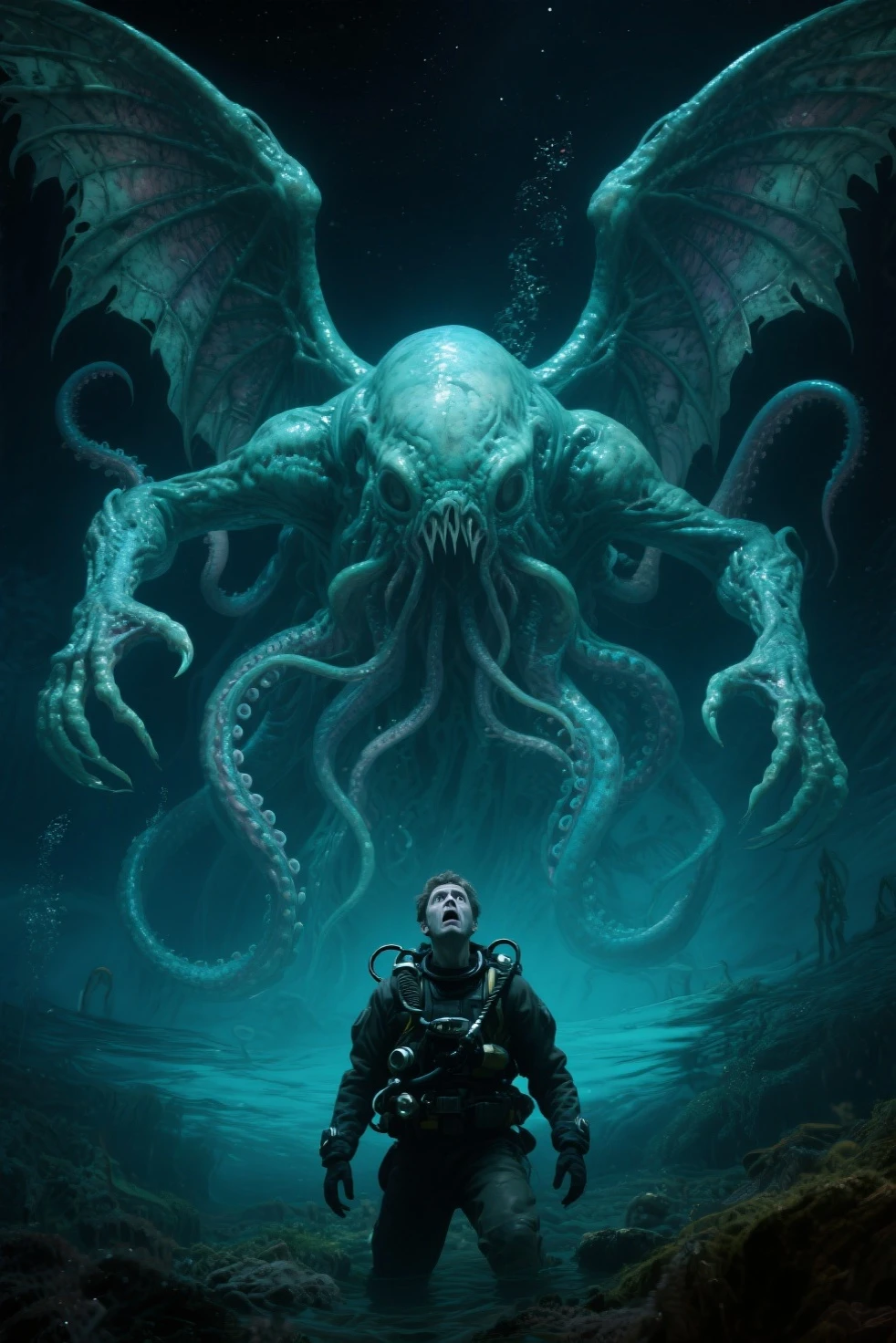 cinematic realism film scene still of a realistic, cinematic film still of underwater, attacking fullbody merfolk ominous monster( kraken:1.2) flyweight, hdr, wide angle, night , vignette, highly detailed, key visual, hdr, beefy, simple background, by, form, cold orange green red theme, . assiduous, style of, expression, Mise-en-scene, Chiaroscuro, Strong Light and Shadow, Dramatic Contrast, a hilarious scene, unforeseen consequences, photography . 35mm f1.8 Macro, chiaroscuro, shallow depth of field, vignette, Mise-en-scene, detailed, cinemascope, moody, epic scene, best rendered work, 35mm, pristine movie
