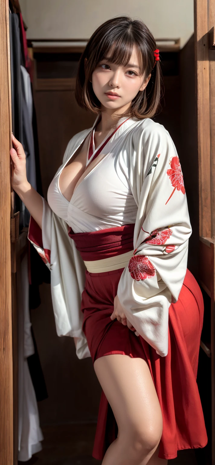(nsfw:1.5),(Ultra Realistic, Illustration, High Resolution, 8K, Very Detailed), (Best Illustration), (Beautiful Detailed Eyes), (Best Quality), (Ultra Detail), (Masterpiece), (Wallpaper), (Detailed Face), ((full body shot)), Smiling, red lips, (fit), curvy body, huge breasts, thin waist, long straight blond hair. Solo, ((glasses, bright red and white coloured off shoulder long silky soft printed kimono dress, high heels)), (Latino girl, dark brown skin:1.4), Sophisticated look, accessories, pendant, fashion, beautiful hairstyle, makeup, stylish and beautiful place, (standing in a room, surrounded by blooming flowers), elegant pose, shiny skin, breastsout