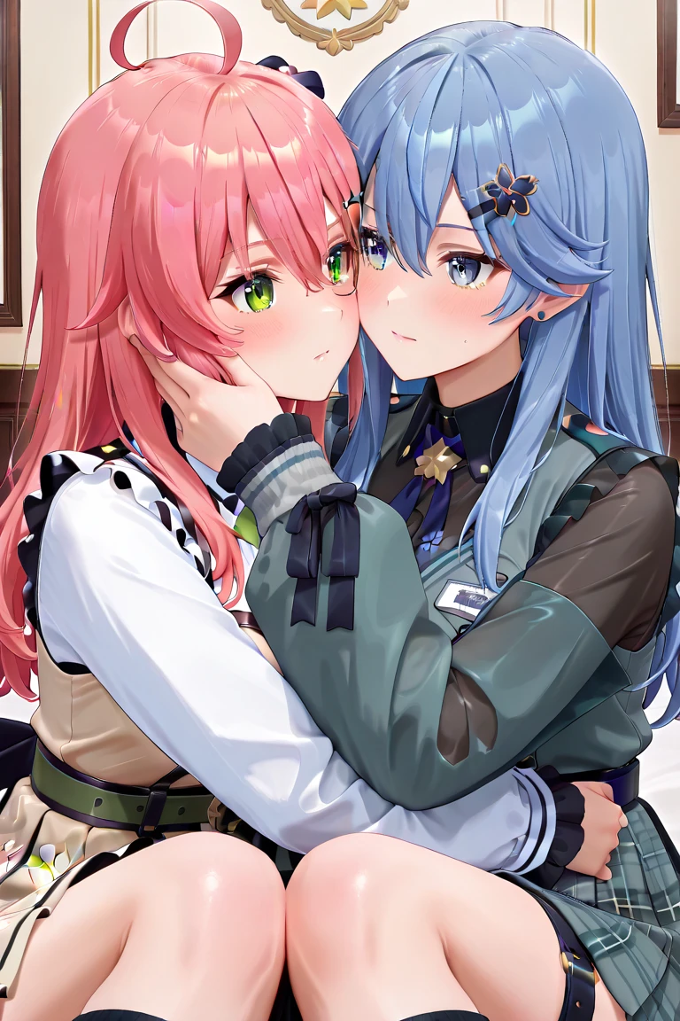 「Sakura Miko is punching each other in the face」and「star street suisei」 separates eye colors 。2 women。「Sakura Miko is punching each other in the face」and「star street suisei」hugging each other during the daytime。bedroom background