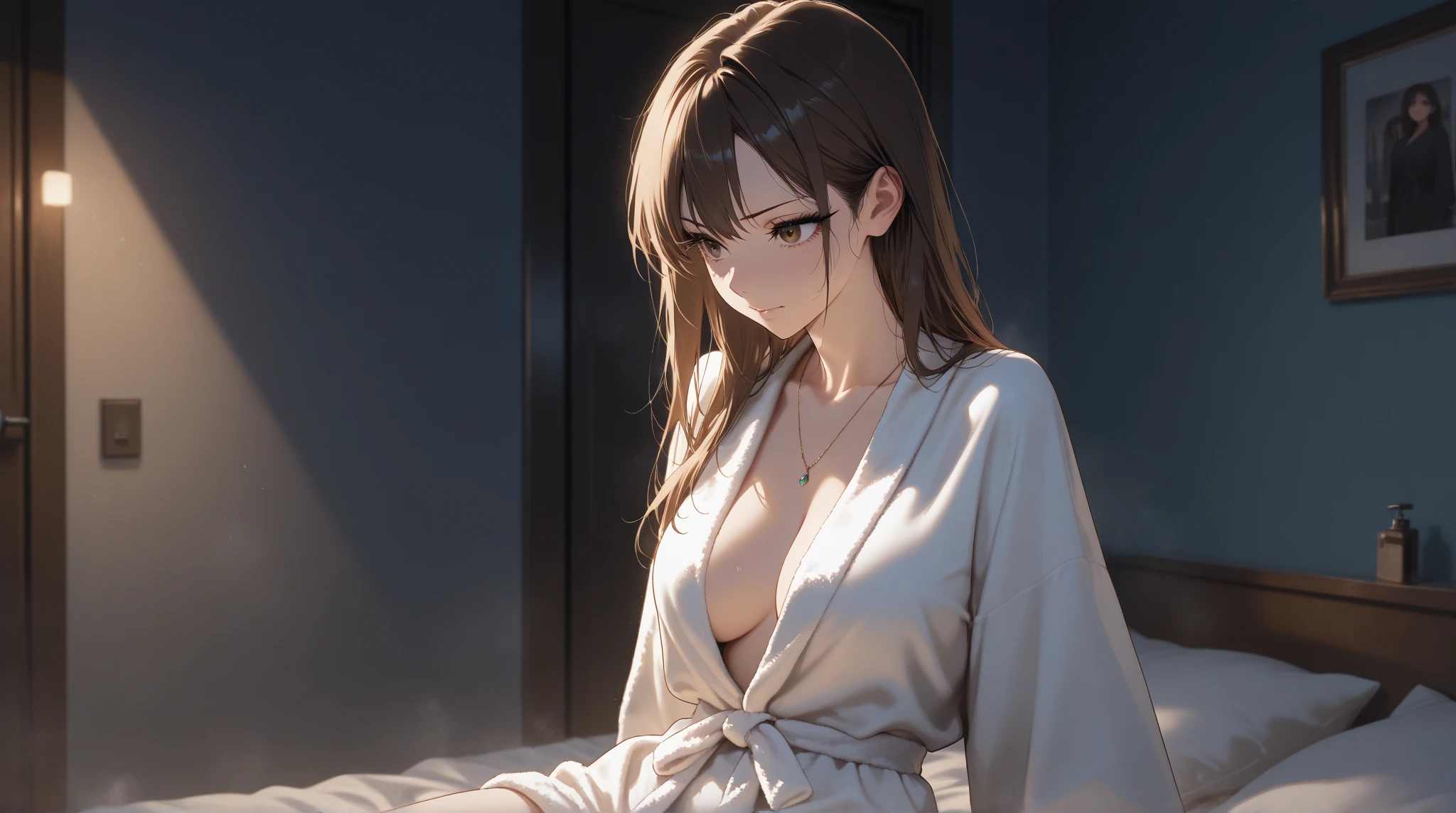 NSFW、Full body portrait of a married woman alone、A figure hiding and masturbating with his hands on his chest and crotch、Take a bath with your eyes closed and daydreaming、slim body、spread both legs wide to the left and right、Excited expression with eyes closed and blushing、Wearing only underwear、40-year-old adult woman、She has medium golden blonde hair tied up in a bun.、adult red lips、His tongue is sticking out and drool is flowing out.、The nape of the neck is exposed、Distracting、The line of the body is visible through the thin cloth robe、Immoral background with only lamp light source、body is wet、anatomically correct appearance、Biologically correct appearance、