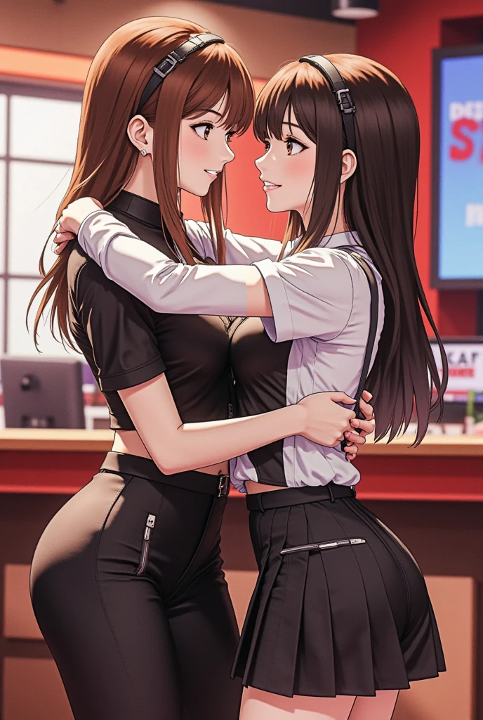 highest quality, ultra high resolution, perfect anatomy, two girls ,Company rooftop、embroidery panties, embroidery bra、nipple、office suit、mini skirt、blush、deep kiss
