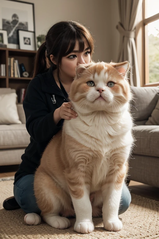 there is a woman holding two cats in her arms, with cats on her side, big cheeks holding her cat, she is holding a cat in her arms, cats on her side, cats, attractive cat girl, japanese live-action movie, crazy cat lady, woman / cat hybrid, garfield the cat, new cats movie, still from a live action movie