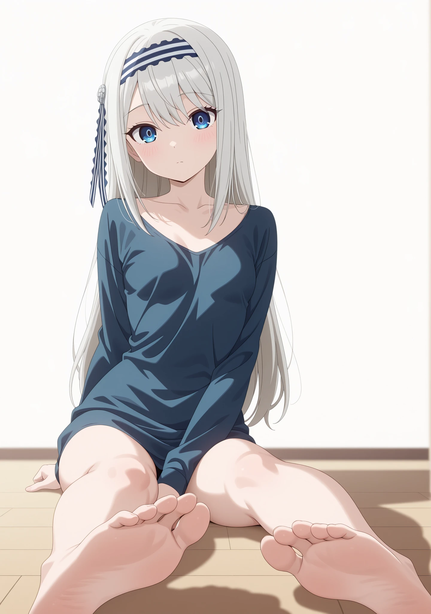 anime screencap, masterpiece, best quality, pastel colors,
1girl, , small breasts,
looking at viewer, thick thighs, , long hair, grey hair, blue eyes, striped hairband, hair ribbon, striped ribbon, BREAK (curvy), looking at viewer, , blurred background, depth of field, focused foreground, very aesthetic,absurdres,newest, light blush, feet, soles, feet close to viewer