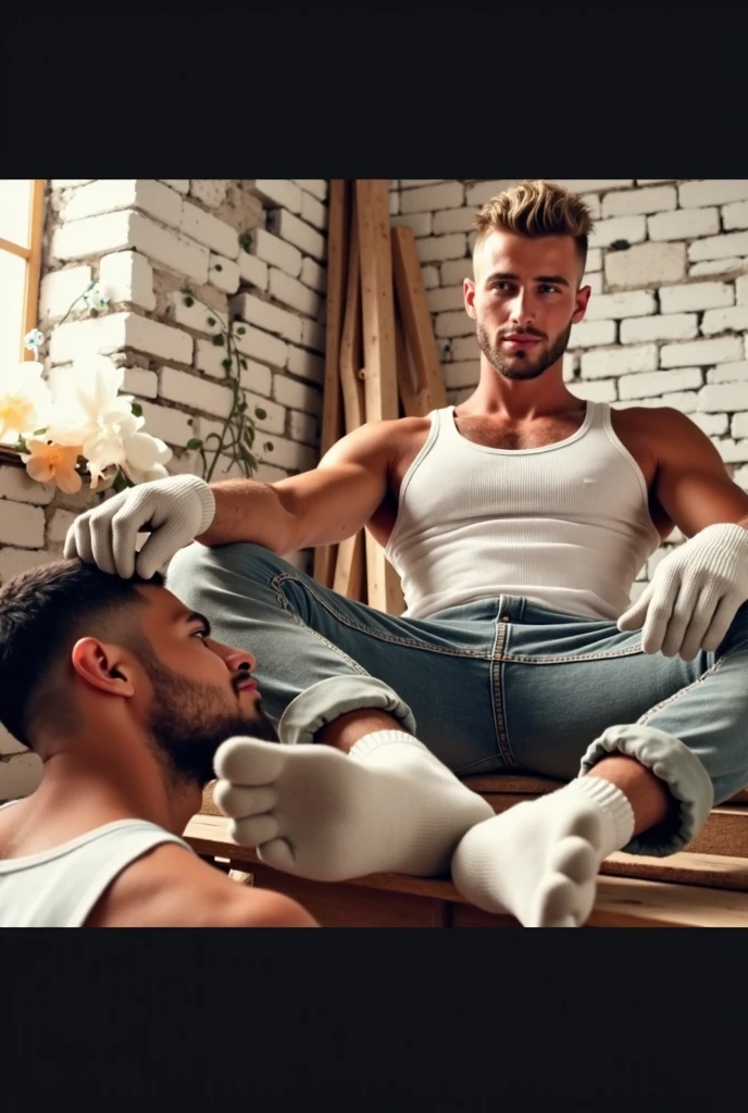 two gay men rubbing socked feet together in thigh high socks on a couch cuddling