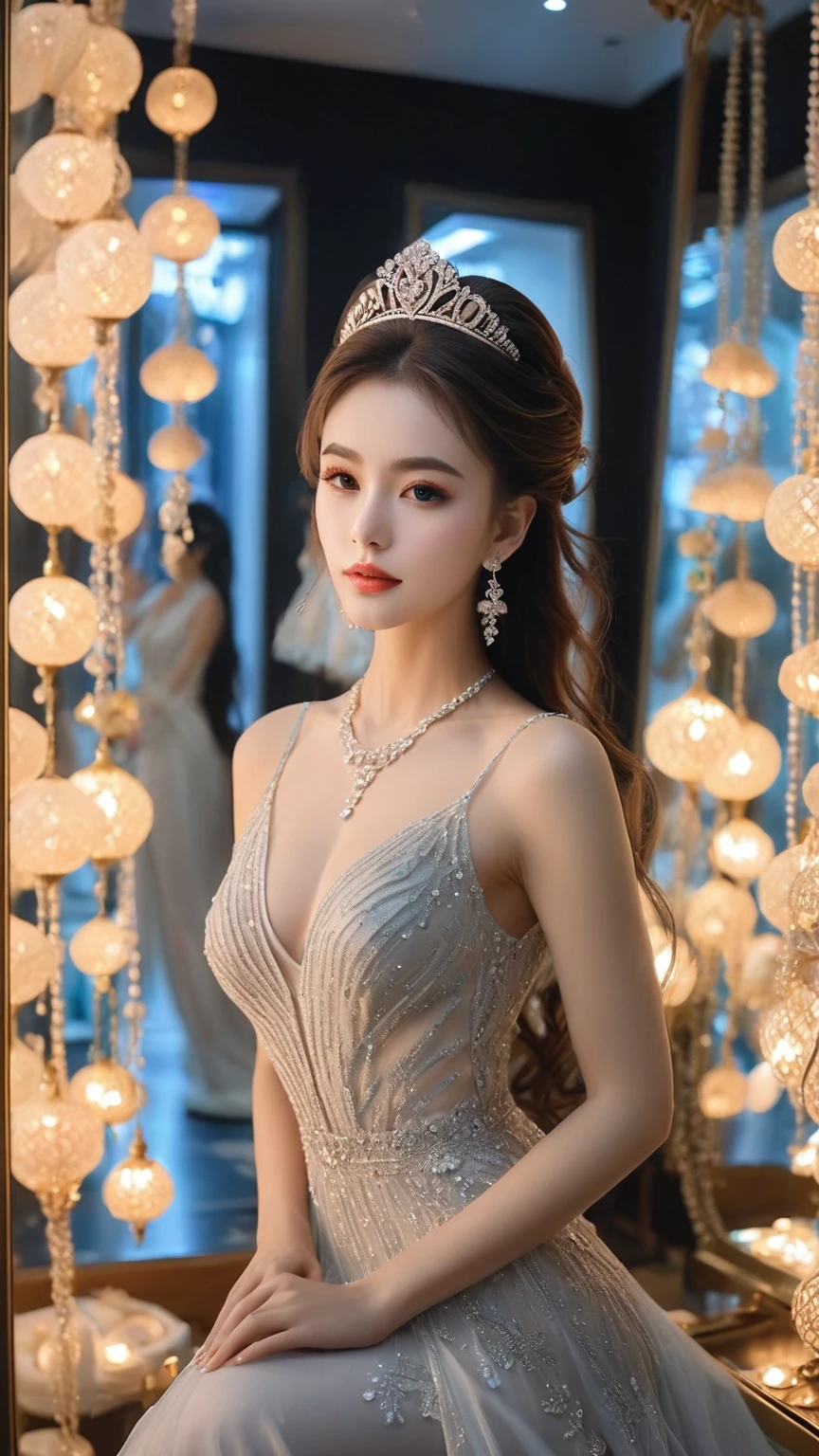 High-quality work,Realistic works,Super premium graphics,8K HD CG works,high quality graphics,High-definition and exquisite CG works,10x pixels,Ultra-fine details:1.1,Advanced technical details:1.1Realistic photo effects,Interior lighting effects:1.5,natural soft light:1.5. Light effect(Virtual light effects:1.8),ultra high resolution,shining dress,sliver long hair,silber hair,transparenthair,high detailed hair(Quality hair details:1.1)Clear eyes,Double eyelids look good,Sharp eye makeup, Create exquisite eyelash makeup, tthin eyebrows, Ultra-detailed eyes,a tall nose, lovely red lips, rosey cheeks, With delicate makeup on her face , pretty face, The face shape is perfectly proportioned,(Advanced facial details:1.1)a girl, happy, very long hair, setailed eyes, glossy lips, rainbow Crystal dress, rainbow dress, colorful crystals, reflecting lights on crystals, spreading lights, attractive pose, whole body capture,,Women's artwork,Dress full body video,Realism,Amazing Cleavage,My eyes are very bright today