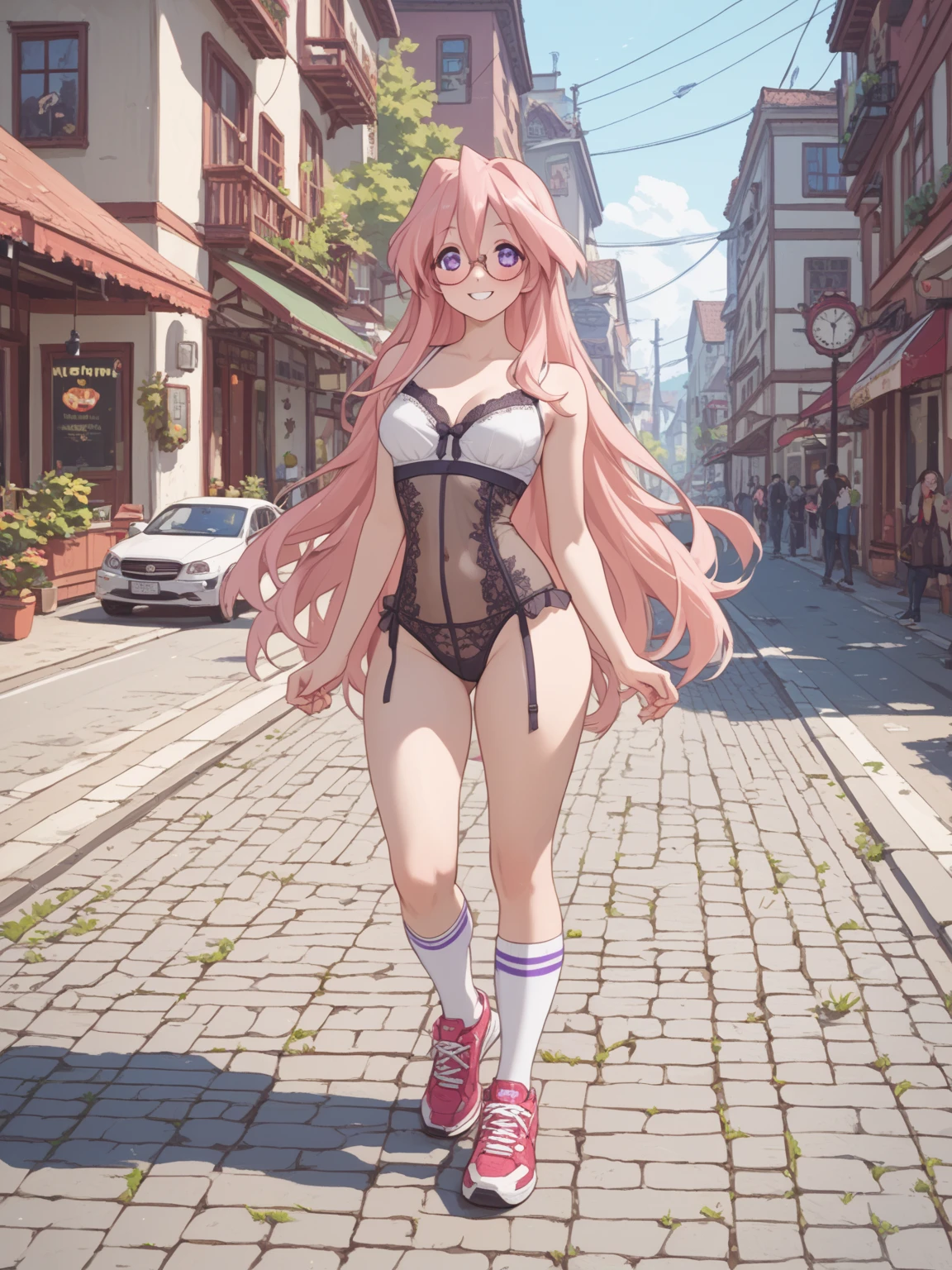 best quality, insanely detailed, nino nakano, breasts, blush, public background, bare-shoulder, a ribbon, stockings, pussy, smile, blue lingerie garterbelt, cheerful eye, nsfw, Taut Underwear