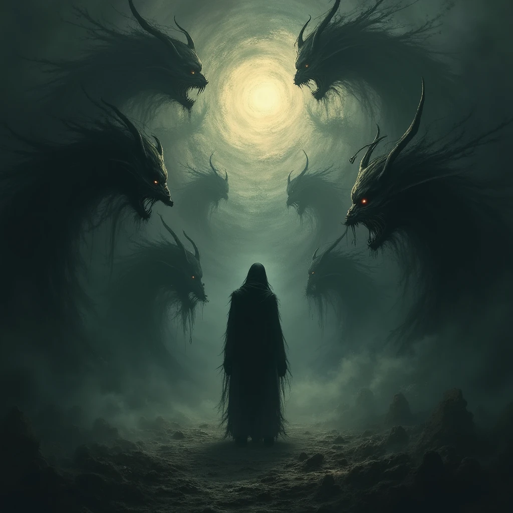 A hauntingly beautiful dark fantasy scene captures a woman lying prone on the ground, shrouded in darkness with only her glowing eyes visible. Her face is enveloped in the shadows of night, and she is surrounded by eerie, otherworldly creatures with distorted, twisted forms. The ominous atmosphere is heightened by the swirling clouds in the sky, casting an eerie glow that intensifies the sense of dread and foreboding. The vibrant, high-quality rendering of this scene immerses the viewer in a cinematic experience, as if the dawn is the only barrier between her and the unknown darkness that looms. This captivating image draws inspiration from the traditional Japanese art form of ukiyo-e, creating a mesmerizing blend of ancient and modern styles., ukiyo-e, cinematic, vibrant, photo, dark fantasy