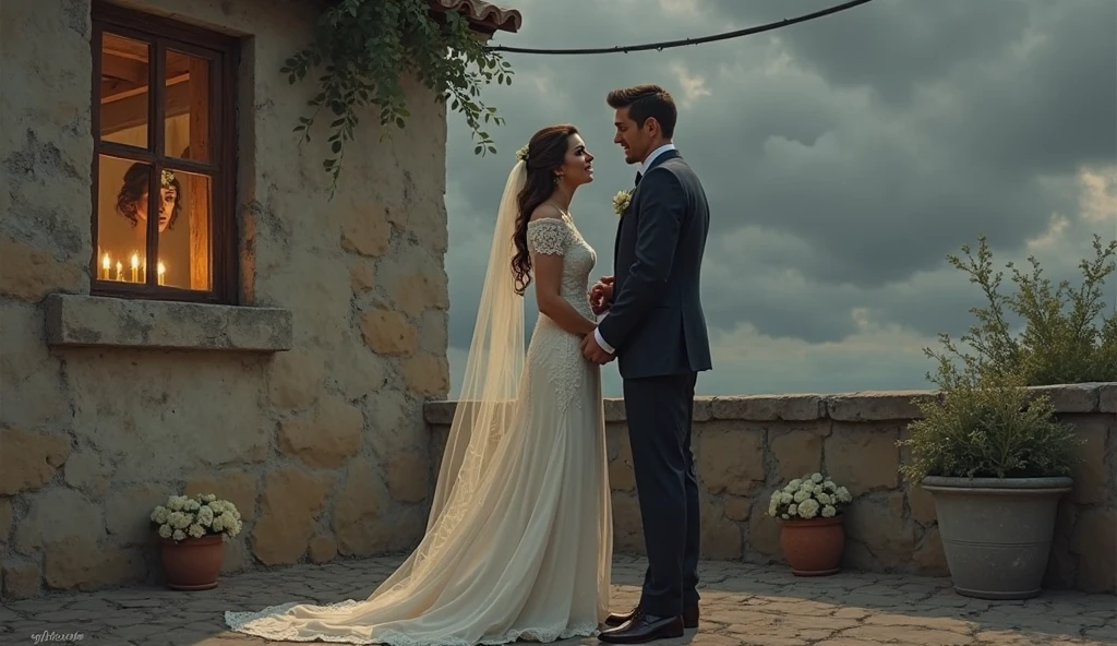 A happy couple dancing in the rain while the world is in ruins