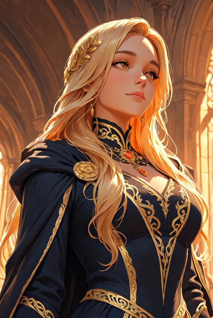 A young woman with blonde curly hair, violet eyes, pale skin, pink lips, wearing the Ravenclaw uniform from the Harry Potter series, with a good view of her butt