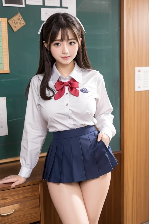 １a beauty girl,hi-school girl,a sailor suit,Lower milk is visible,full body Esbian,Chestnut hair,a miniskirt,A slight smil,Bottom to top angle