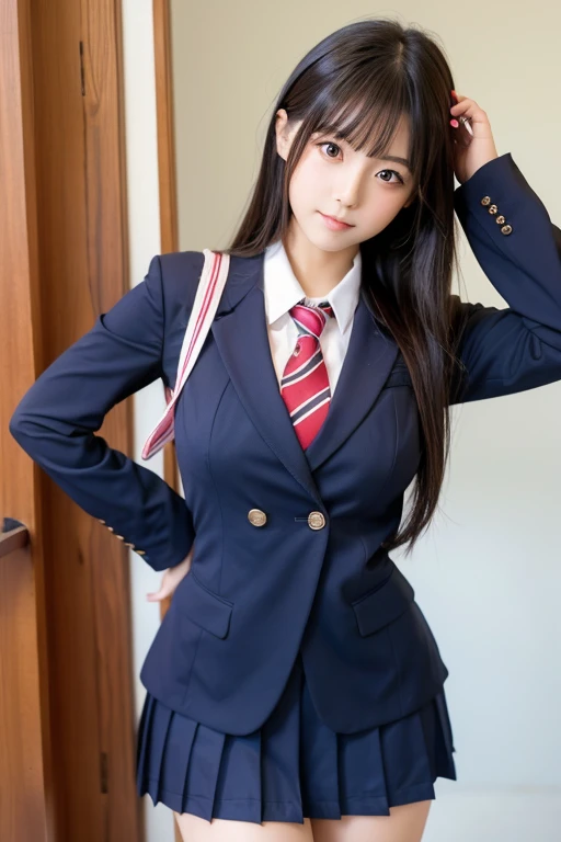 Tabletop, highest quality, 1 high school girl, Japanese, Blue Blazer Uniform, Check skirt, Black-haired, Long Bob, (beautiful girl:1.3), (flesh young:1.2), cute red ribbon on chest, Very fine grain definition, (Symmetrical eyes:1.3), tight, Iris, Parted bangs, Upper teeth,((((From below)))),In the classroom