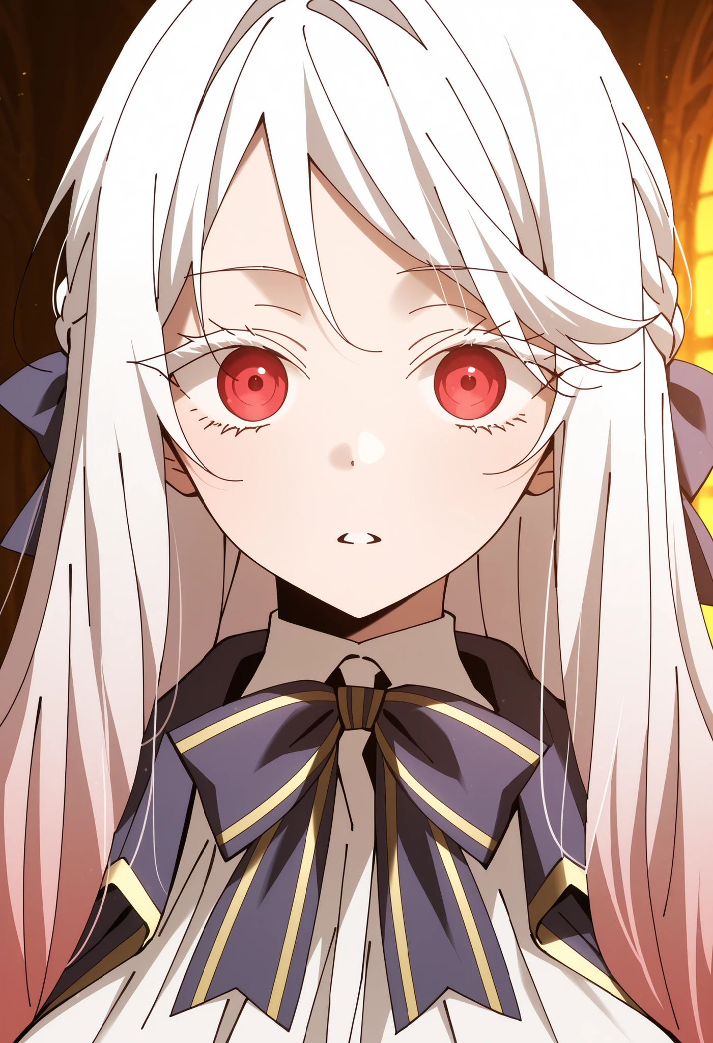 masterpiece, best quality, cinematic lighting, amazing quality, very aesthetic, absurdres, best quality, 4k, upscale, anime coloring, source_anime, anime screencap,

1girl, solo, portrait, nude, looking at viewer, straight-on, fantasy school, skindentation, detailed clothing folds, depth of field, sharp, soft lighting, frontal lighting, 

school uniform, neck ribbon, braid, hair bow, white shirt, blue cape, blue skirt

hongbiyeon, red eyes, gradient hair, white hair, long hair, white eyelashes, huge breasts