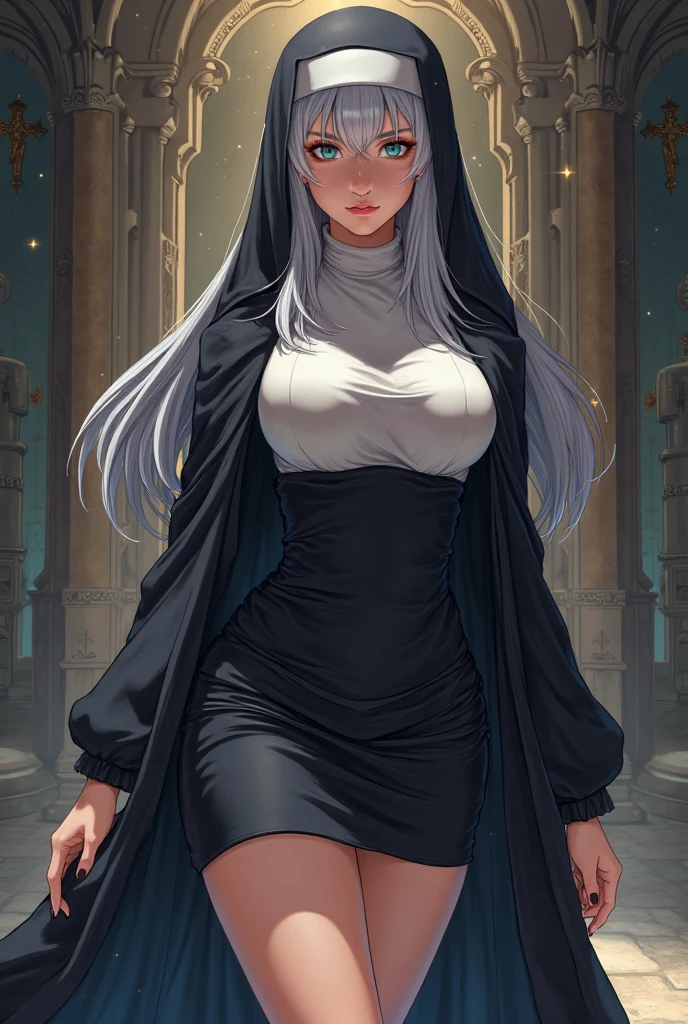 Young woman,Twenty-five years old, Beautiful face, Asian face, long silver hair, Skin as white as snow, Wearing Central European clothing, A tight-fitting nun outfit that reveals cleavage, Revealing the right thigh, Big chest, Thin waist, Big butt, Temple of the Goddess, Drawing style: Manga 2.5D