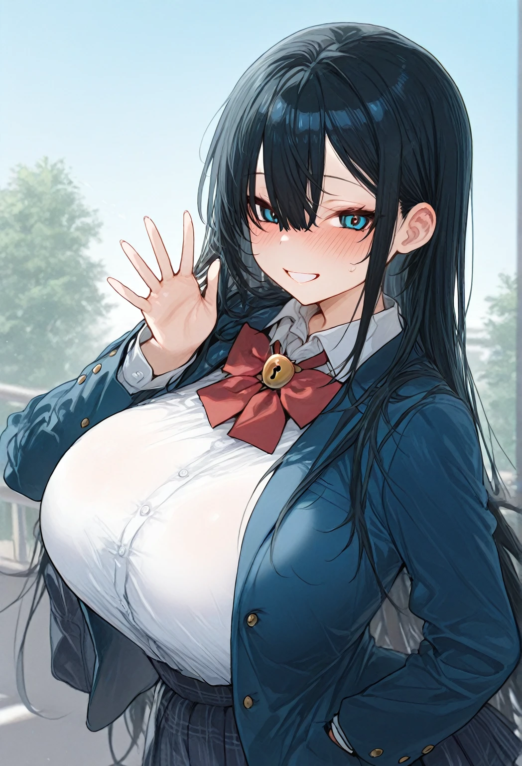 Junior high school student who looks like an elementary school student, 14 years old, very short, 140 cm tall, black hair with a slight green tinge, short ahoge, beautiful long hair but with a little hair sticking out, beautiful round eyes, blue eyes, smile, boyish, long sleeves, Thick clothes, skirt, big breasts, hair longer than waist, long hair, childish face, gentle smile, a little shy, black skirt, black hair with a slight green tinge, boyish, gentle smile, jacket one size larger, ( Deep greenish black hair: 1.2)