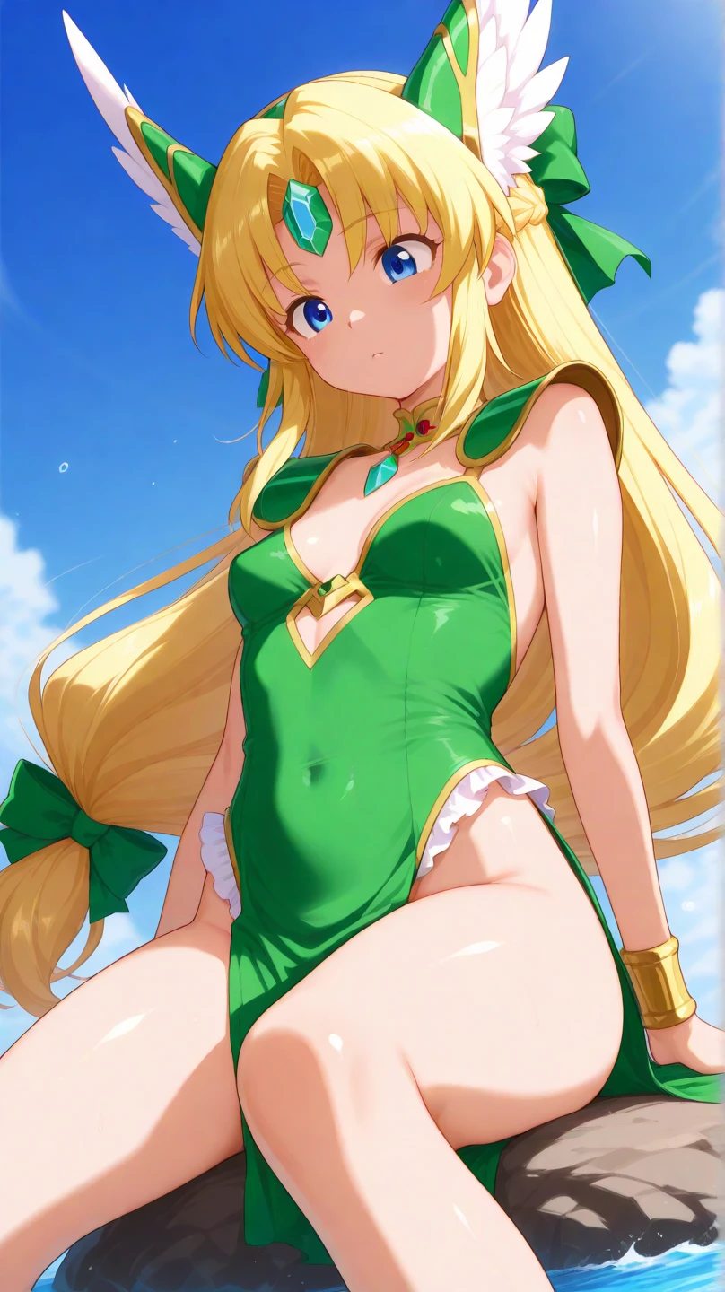 [curly brace], [uploaded to e621.net: (wamudraws), (napalm_express)], ((masterpiece)), ((back view)), ((cowboy shot)), ((solo portrait)), ((ass focus)), ((cute)), ((HD)), ((High quality)), ((anime)), ((detailed shading)), ((beautiful render art)), ((intricate details)), {android; (white robotic skin), (white-colored skin), cute green eyes, long blonde hair, short eyelashes, (gorgeous hips), (beautiful legs), (camel toe), (excited smile), (white teeth)}, {(green bikini), (cleavage), (green), skirt), (green antenna on ears)}, {(standing), (arms at side), (looking ahead)}, [Background; (beach), (beautiful ocean), (blue sky), (sun rays)]