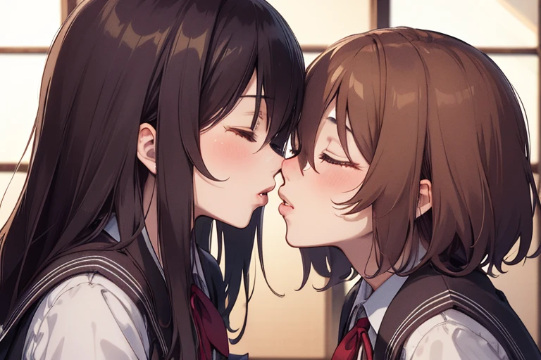 (masterpiece, best quality:1), face closeup, 2girls, (kissing, yuri:1.1), bed, <lora:Neurosama:0.4>, BREAK,
neuro-sama, (brown hair), ahoge, blue eyes, (heart hair ornament:1.1), brown cardigan, (blue bowtie:1.1), kissing, BREAK,
neuro-sama, laying, (brown hair), ahoge, red eyes, (black cardigan:1.3), (red bowtie:1.2), kissing