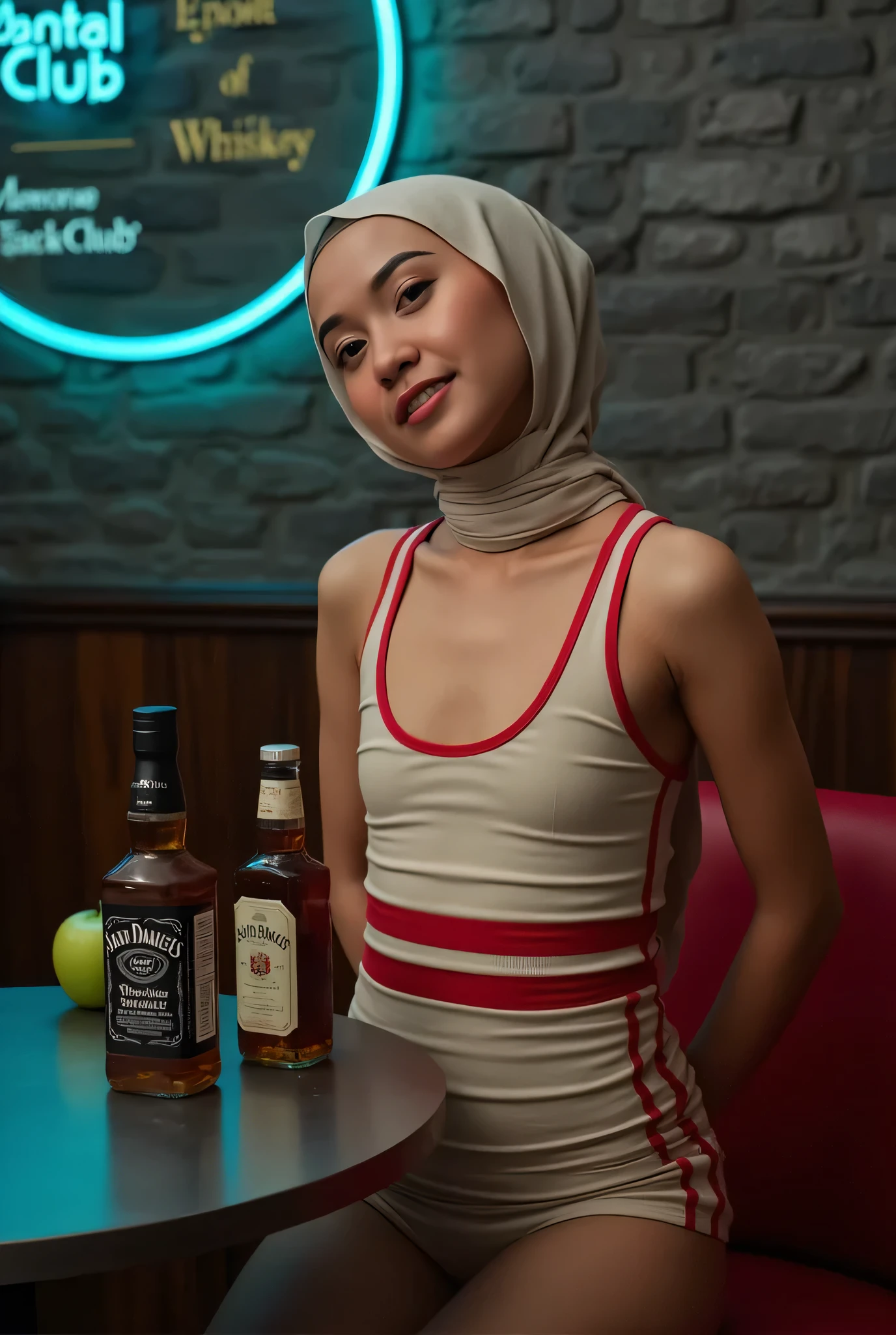 face cute soft smile , Front posing, Wearing Scarf neck tie, Front posing, SKINNY SUPER OLD LADY, (Thighs and calves huge muscles), (((MOODY FACE EXPRESSION))), "Wearing Hijab perfectly", wearing Scoop Neck Sleeveless cream Bodysuits singlet swimsuit and 'red striped print', (KEDUA BELAH TANGAN DILETAK LETAKKAN DIBELAKANG PUNGGUNG NOT VISIBLE FINGER!!!) PLEASE DON'T PUT ANYTHING ROPE!!!, THIGHS OPEN WIDE,
THIN SKINNY HIJAB INDO MALAY (Singlet ), 1 girl, 'MOODY FACE EXPRESSION', Half body portrait, (face details: 1), (Eye details: 1), ((Big breasts)). ultra high res. realistic: 1.4, UHD, (((dark background))), Background worn old brick wall, round Signboard 'Janda Club's' neon light at wall, Sitting on a round table stainless steel A two Bottle of Whiskey 'Jack Daniels and two green apple' Above it.
