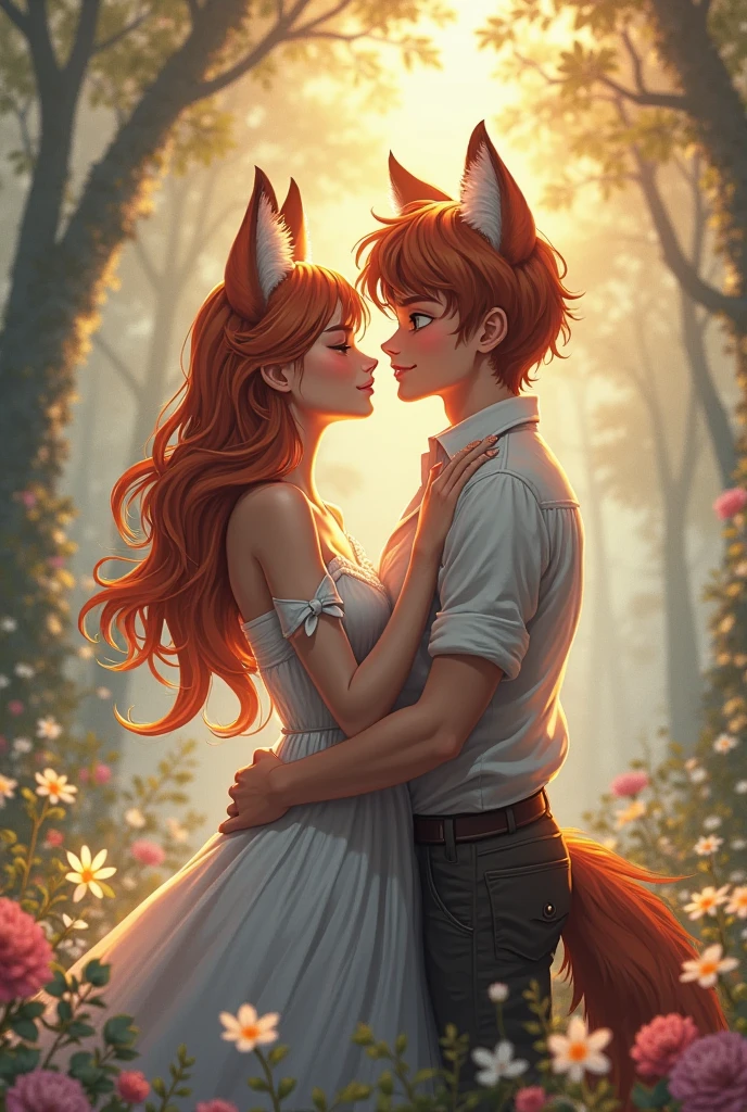 (raw photo, best quality) , (Realistic, photo-realistic: 1.4), extremely formidable overall plan, masterpiece, ultra-detailed, high resolution, best illustration, best shadow, complex, depth of field, very beautiful Western white woman with bewitching beauty (very realistic style), she has long red hair light brown eyes, she has a single beautiful fox tail, and beautiful medium-sized fox ears, she only has fox ears on her head ((she does not have human ears on her head)) ((we don’t see human ears on her head)), she wears a long fine white dress, she has a beautiful radiant smile, she is in a green forest, she hugs a young man, a 20-year-old human with wavy red hair, he wears rectangular glasses, he is dressed in blue jeans and a black tank top, the young man warmly embraces the young woman in his arms, both characters passionately kiss on the mouth in a passionate kiss, their mouths are glued to each other, they roll a lot letting their tongues touch in their mouths, it’s a long romantic kiss passionate and full of love, plan of ensemble, Photorealist style 8k, DSLR, high quality, (grain of the film: 1.4), Fujifilm XT3,