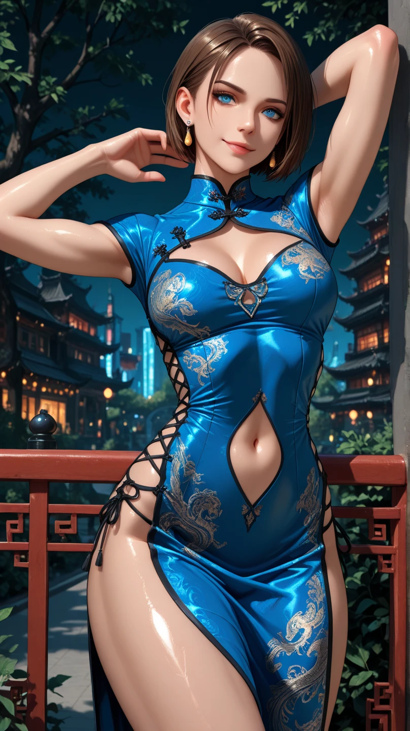 (Very detailed,Highest quality,4K,8K,16K,High resolution,masterpiece:1.5), (Perfect hands,Perfect Legs), (Realistic,photoRealistic,photo-Realistic:1.37),
One beautiful woman, Chunli, Chunli, Street Fighter, ((Blue Chinese Dress)), ((stockings)), Hair Bun,
Beautifully detailed sweat glands, Smooth skin texture, Carefully drawn,
Outstanding proportions, Lively expressions, (Big Breasts), (Big Ass), ((Sticky with sweat)), In a sexy pose,
Outdoor, Chinese back alley at night,