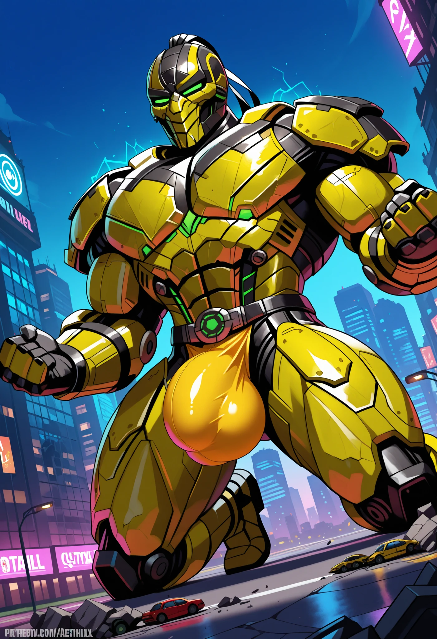 Cyrax, robot, Mortal Kombat, dutch angle, male, gradient coloring, villain, end boss, overpowering, (macro in miniscule city), causing extreme destruction, kneeling bulge dynamic pose, BREAK very awe, aesthetically pleasing, masterpiece, best quality, amazing quality, very aesthetic, in'ei, Smooth Quality, lazympos, IllustQualXL_Pos